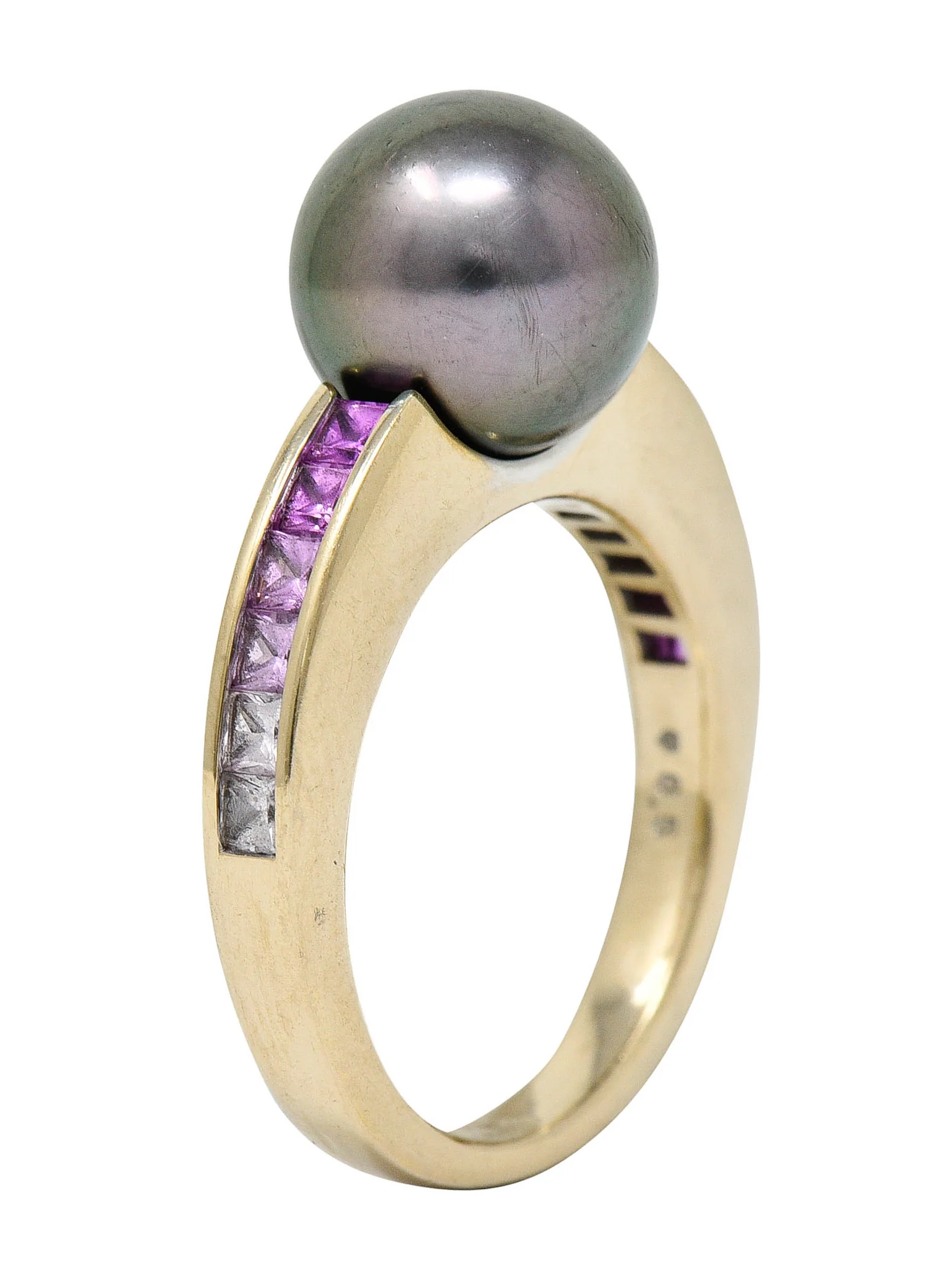 Mikimoto Tahitian Pearl Pink Sapphire 18 Karat White Gold Band Ring - Image 2