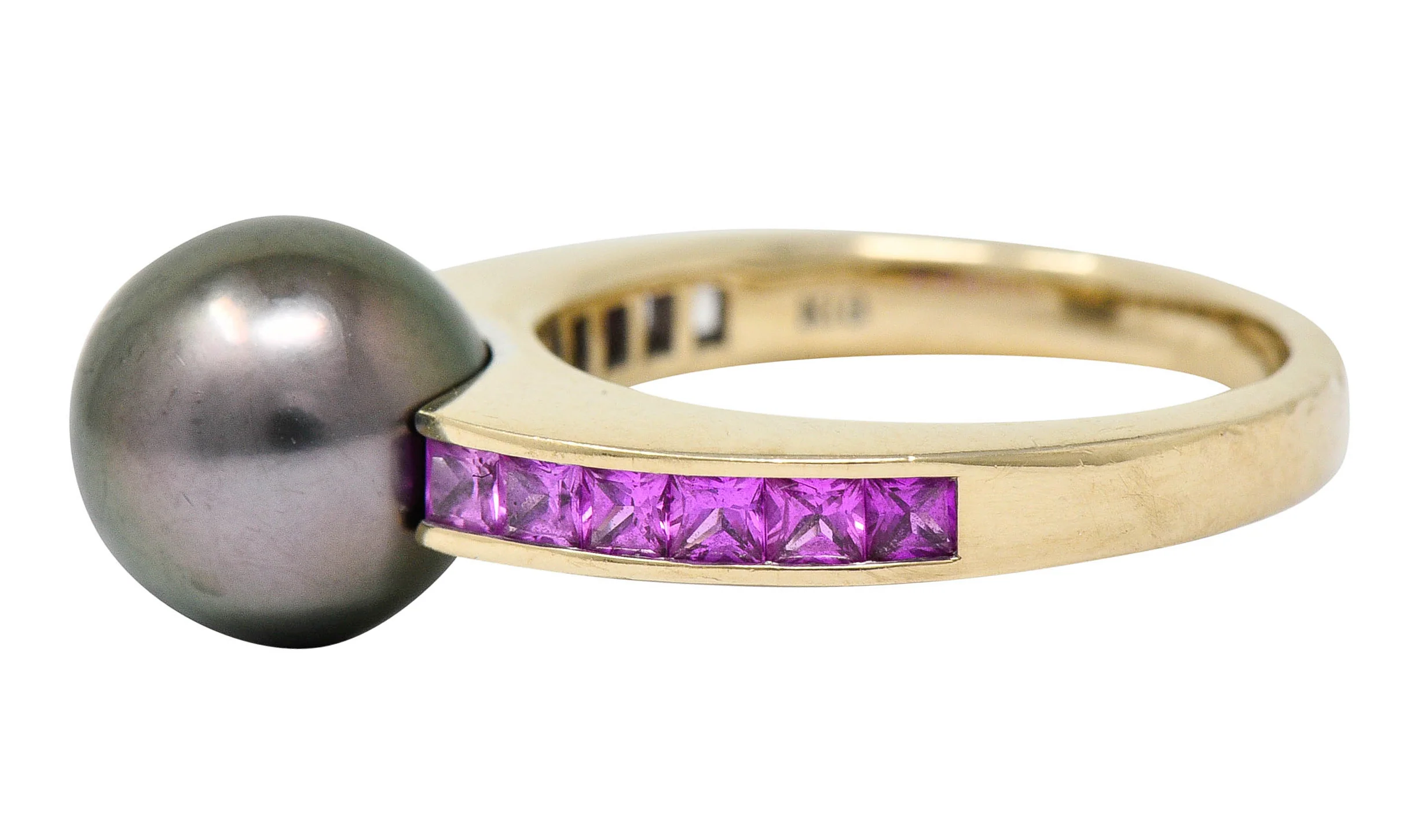 Mikimoto Tahitian Pearl Pink Sapphire 18 Karat White Gold Band Ring - Image 6