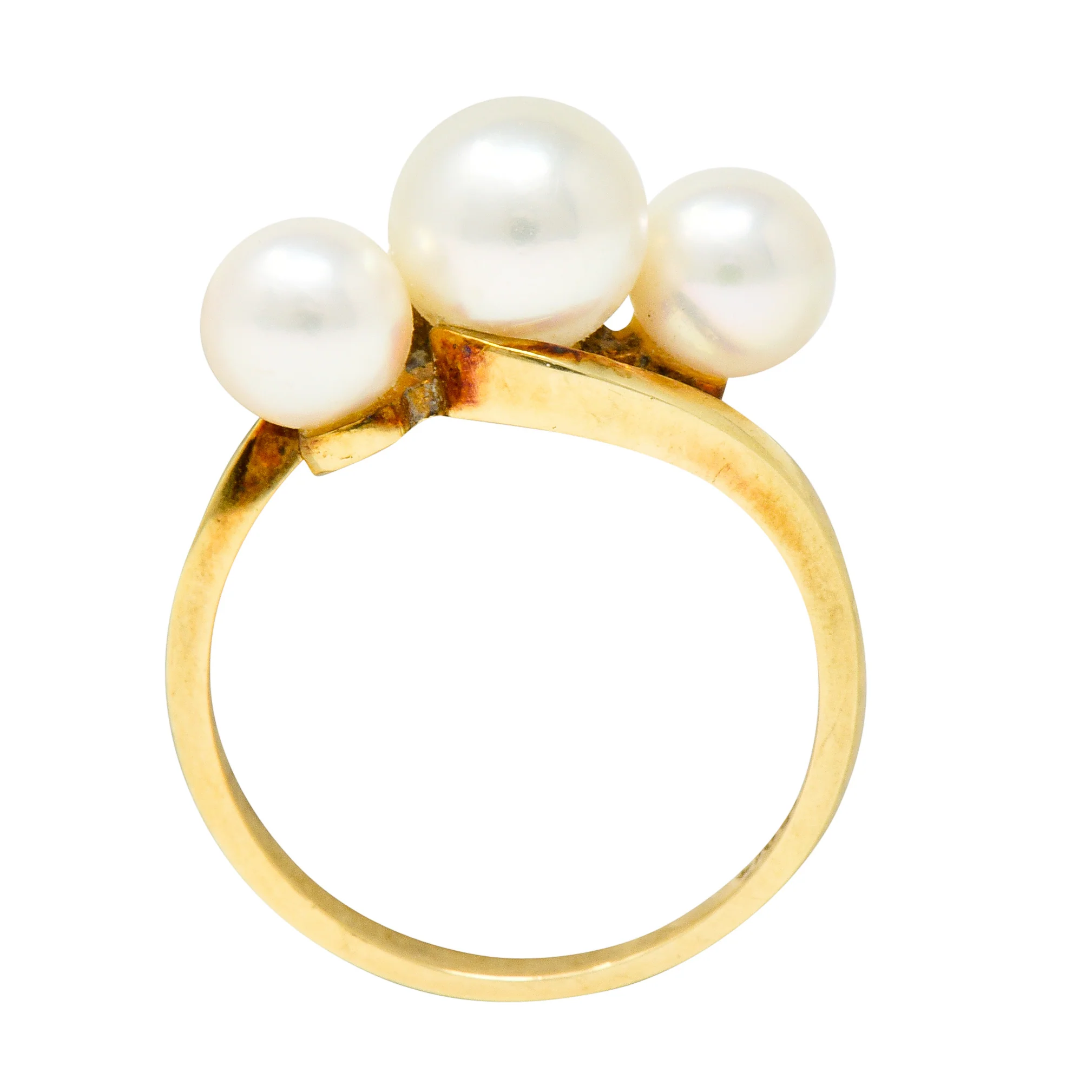 Mikimoto Vintage Cultured Pearl 14 Karat Gold Three Stone Ring - Image 8