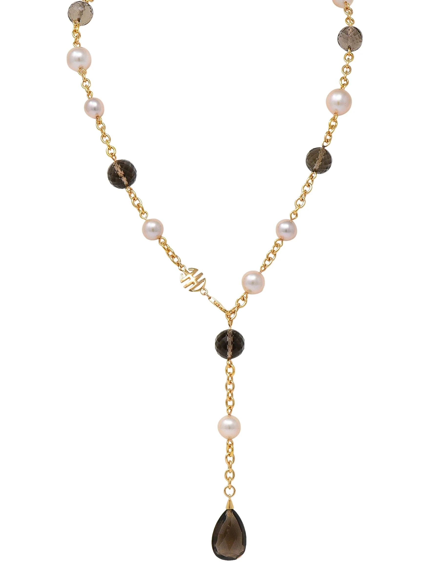 MiMi Milano Akoya Pearl Smoky Quartz 18 Karat Yellow Gold Sartuoir Drop Necklace
