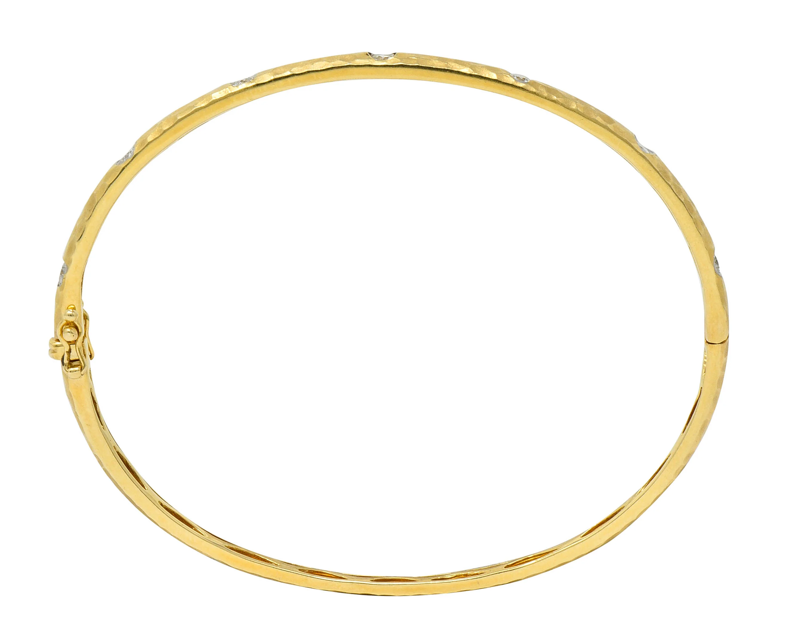 Modern 0.42 CTW Diamond 14 Karat Hammered Gold Bangle Bracelet - Image 6