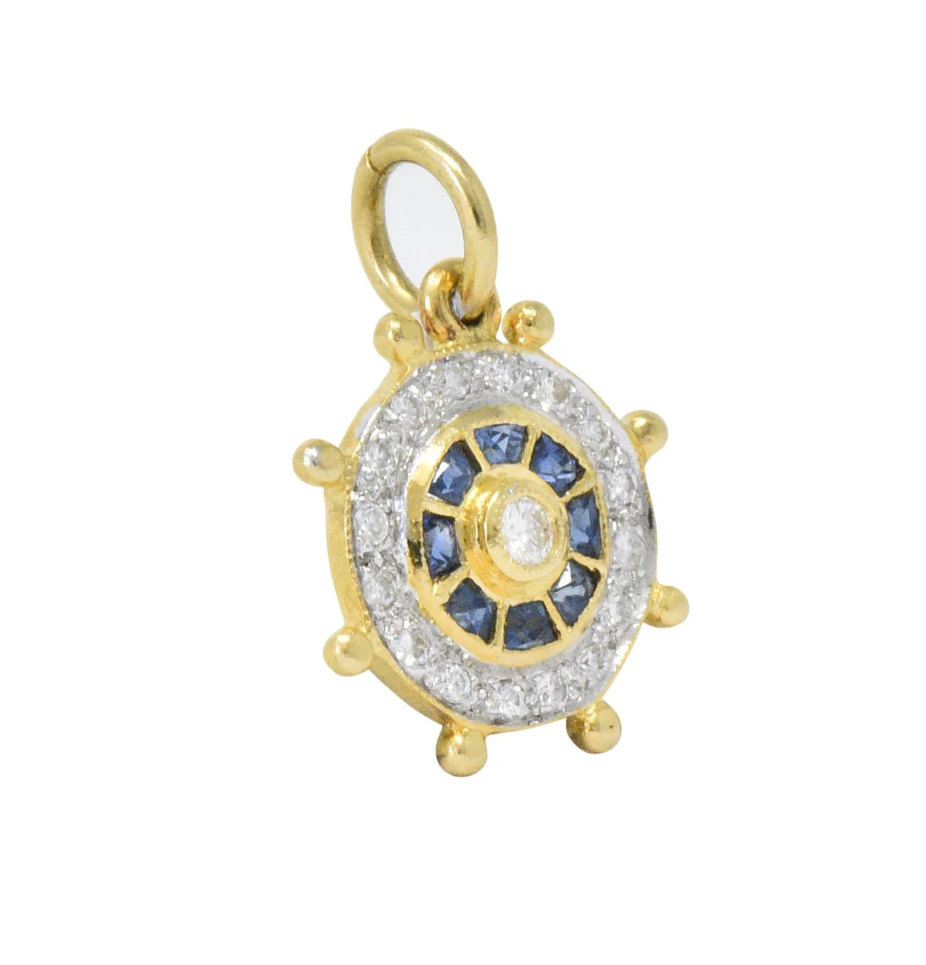 Modern 1980's 0.30 CTW Diamond Sapphire 18 Karat Gold Ship's Wheel Charm - Image 2