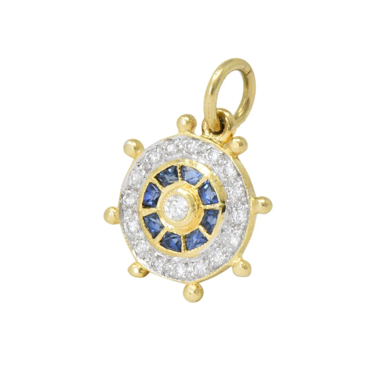 Modern 1980's 0.30 CTW Diamond Sapphire 18 Karat Gold Ship's Wheel Charm - Image 3