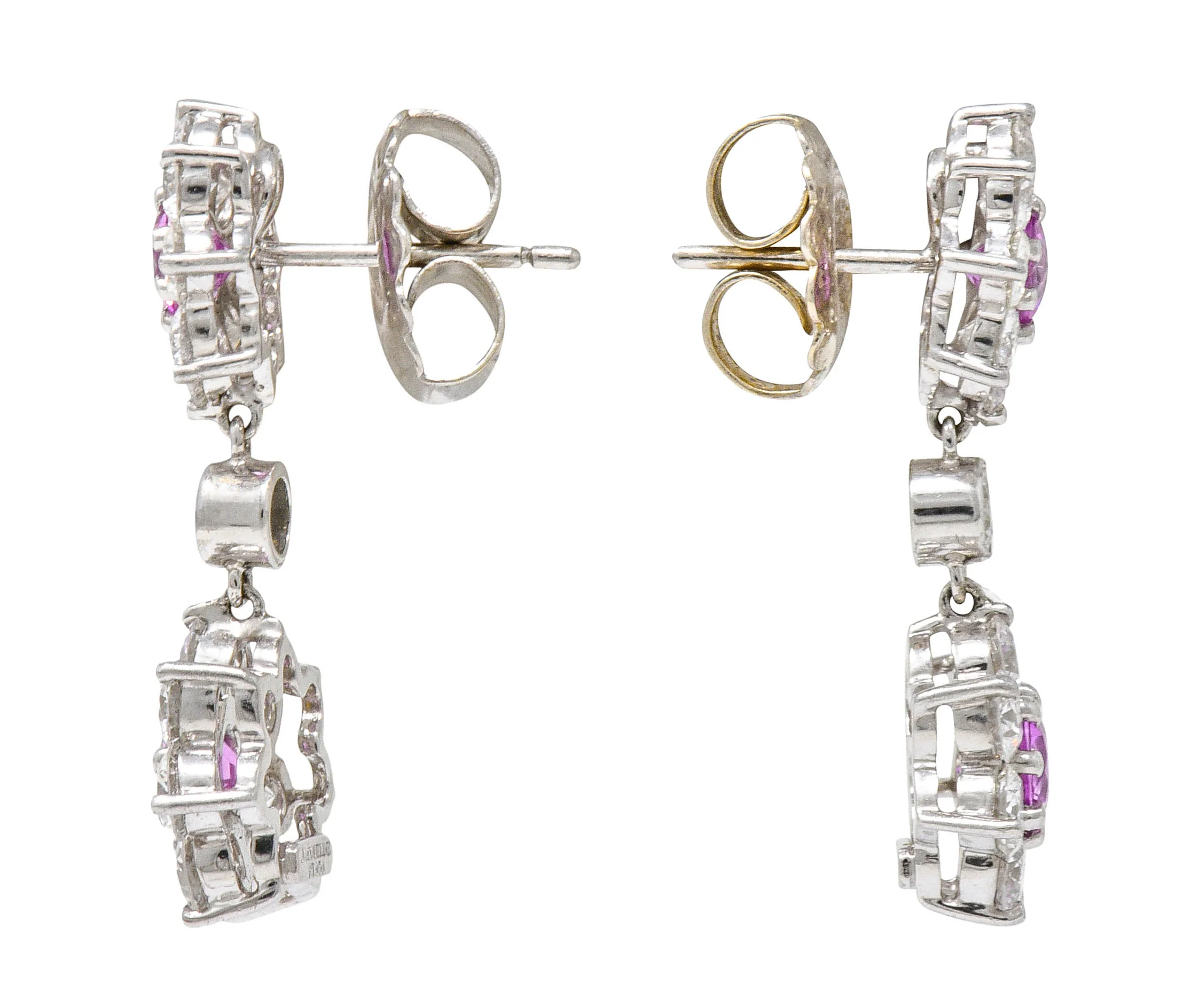 Modern 4.05 CTW Diamond Pink Sapphire Platinum Floral Cluster Earrings - Image 2