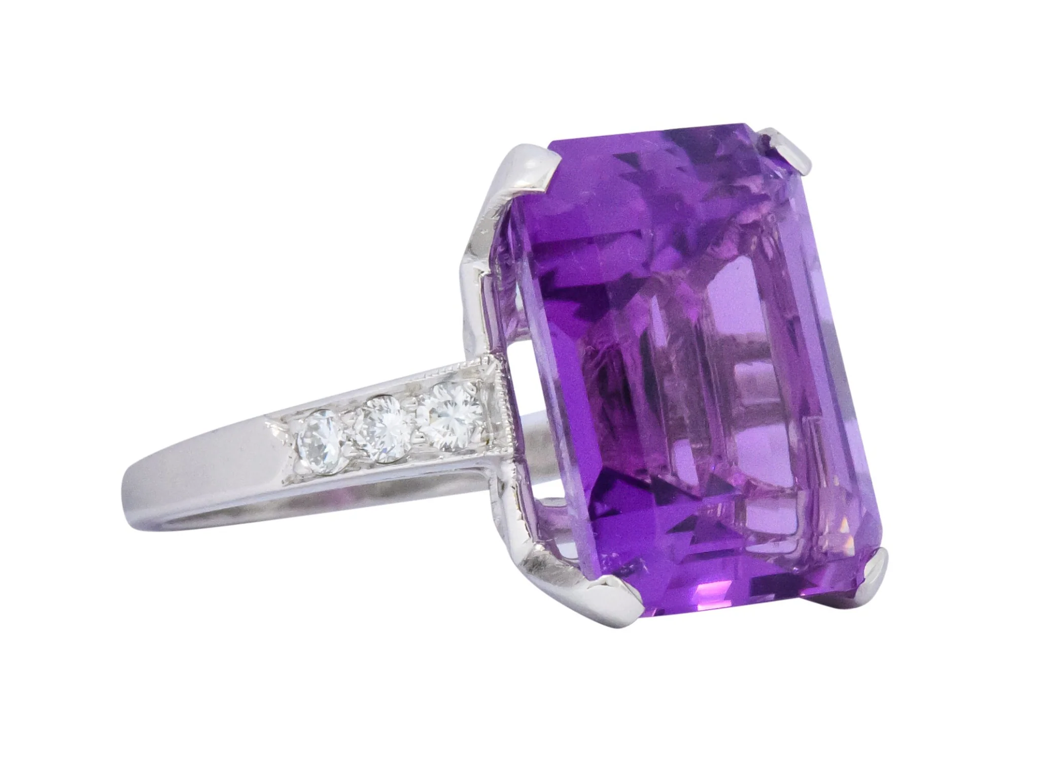 Modern Amethyst Diamond Platinum Gemstone Statement Ring - Image 2