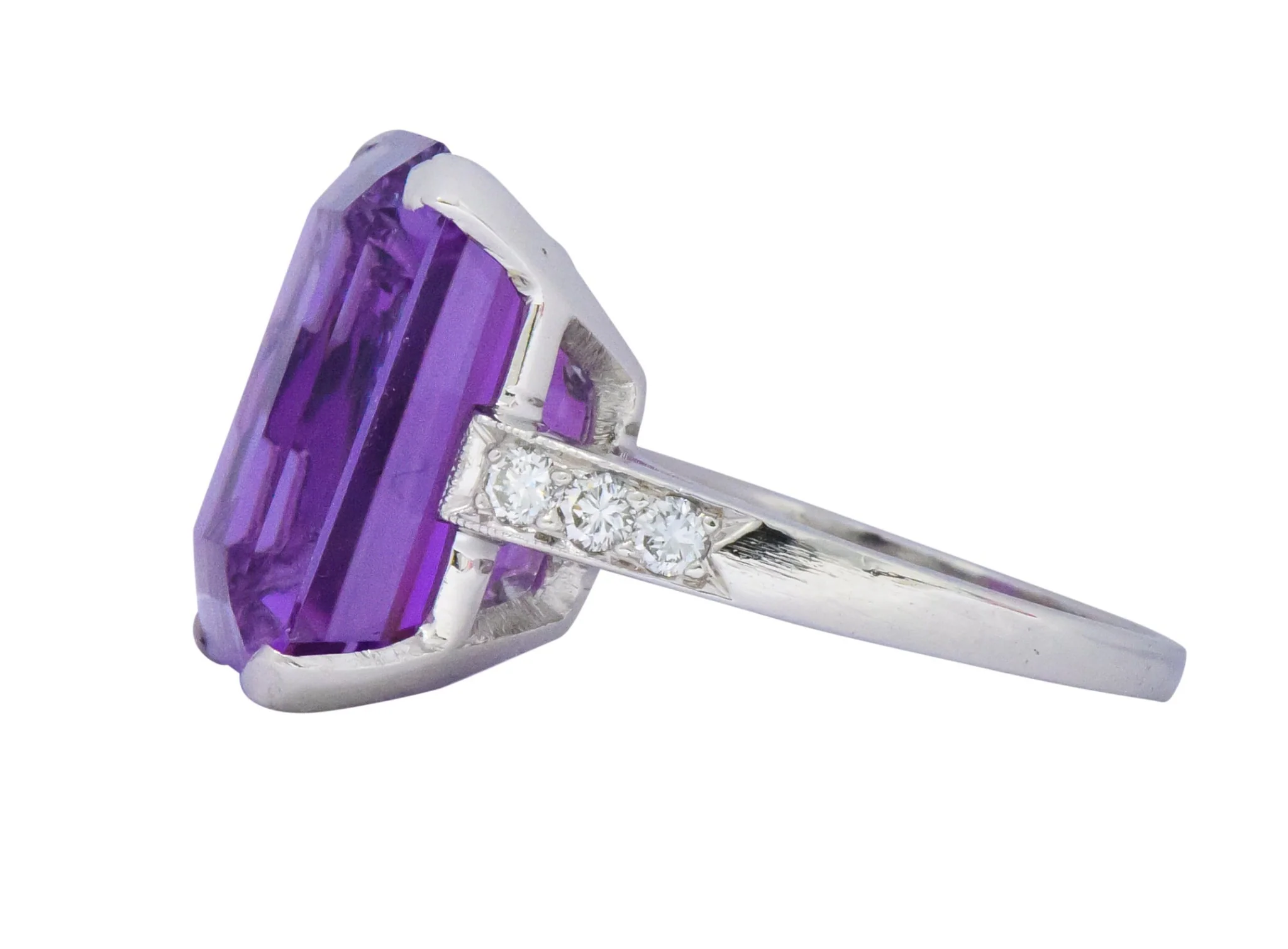 Modern Amethyst Diamond Platinum Gemstone Statement Ring - Image 4
