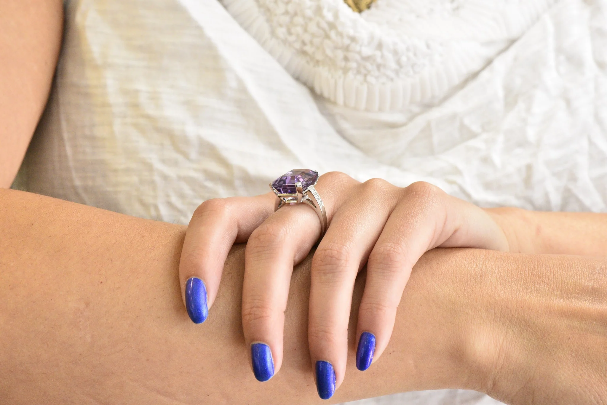 Modern Amethyst Diamond Platinum Gemstone Statement Ring - Image 8