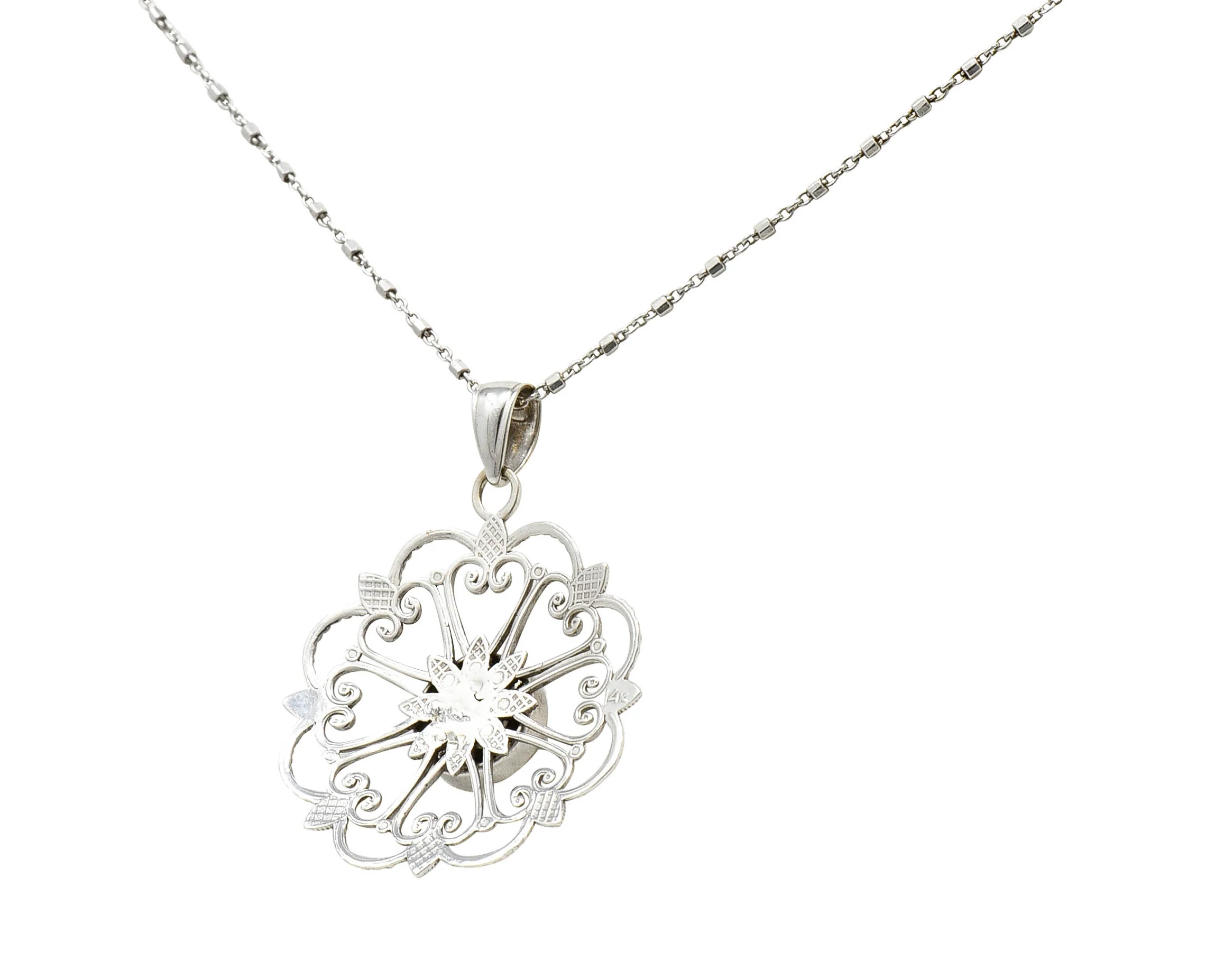 Modern Diamond 14 Karat White Gold Floral Mandala Pendant Necklace - Image 4