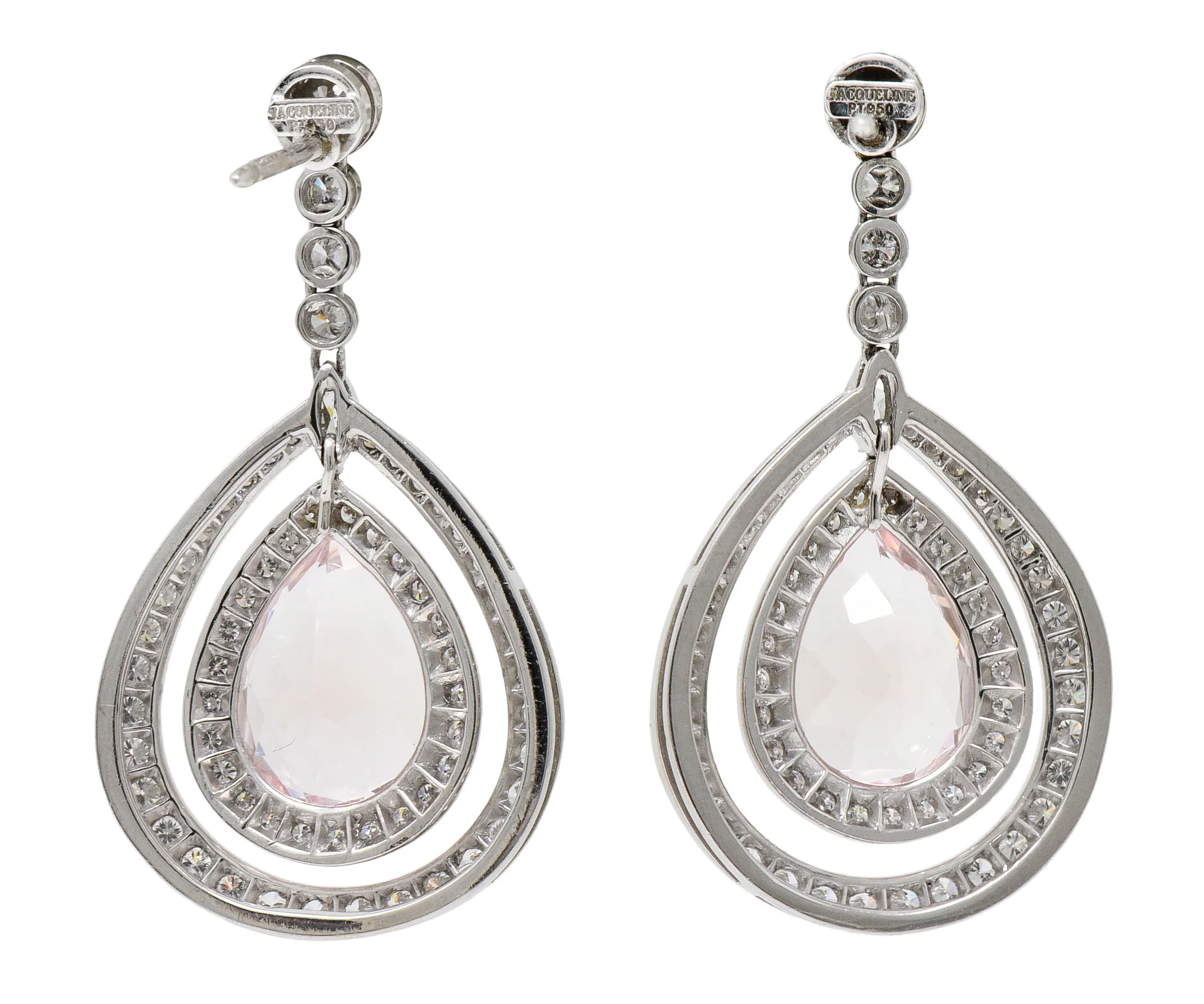 Modern Morganite Diamond Platinum Drop Earrings - Image 3