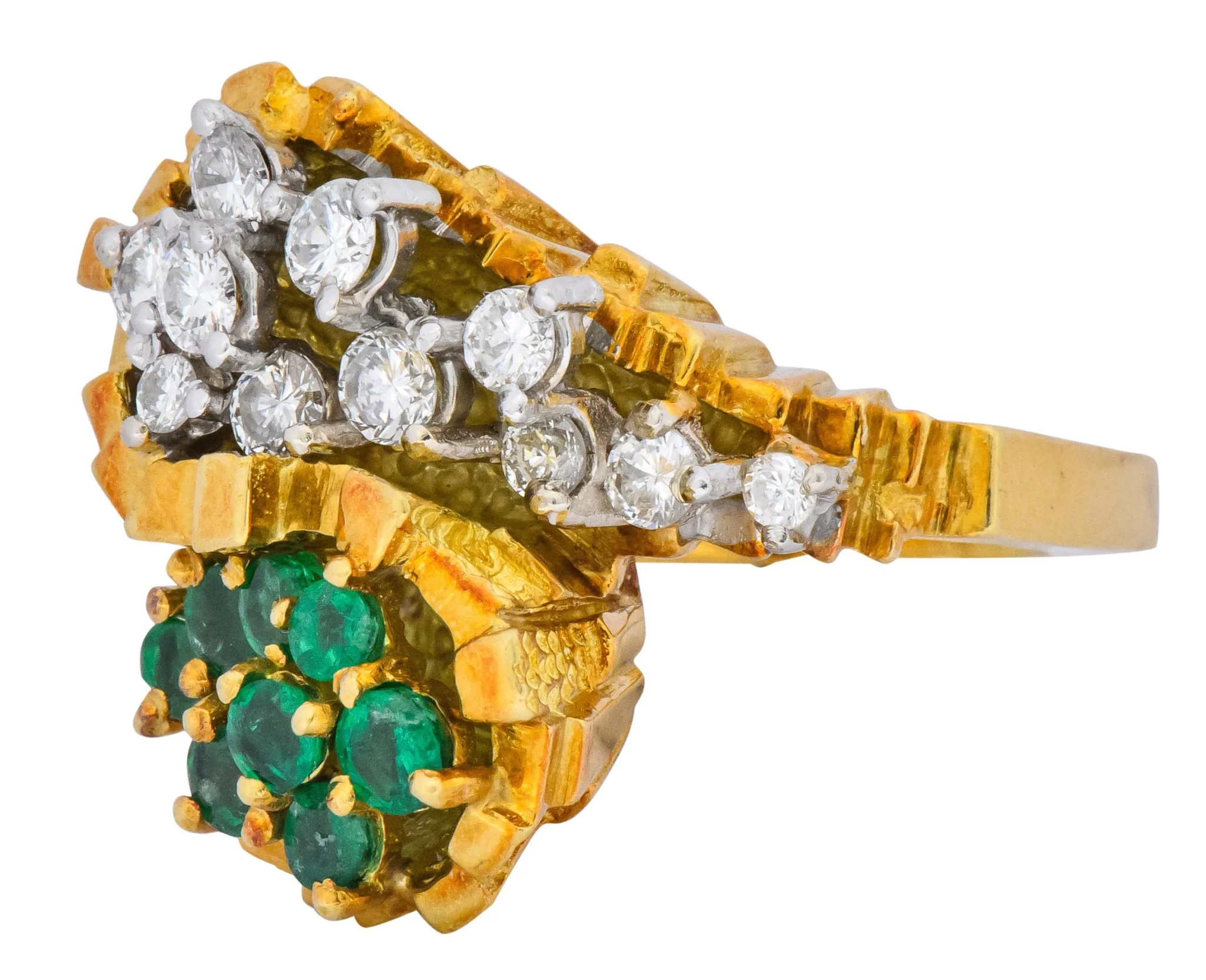 Modernist 2.20 CTW Diamond Emerald 18 Karat Gold Bypass Cocktail Ring - Image 5