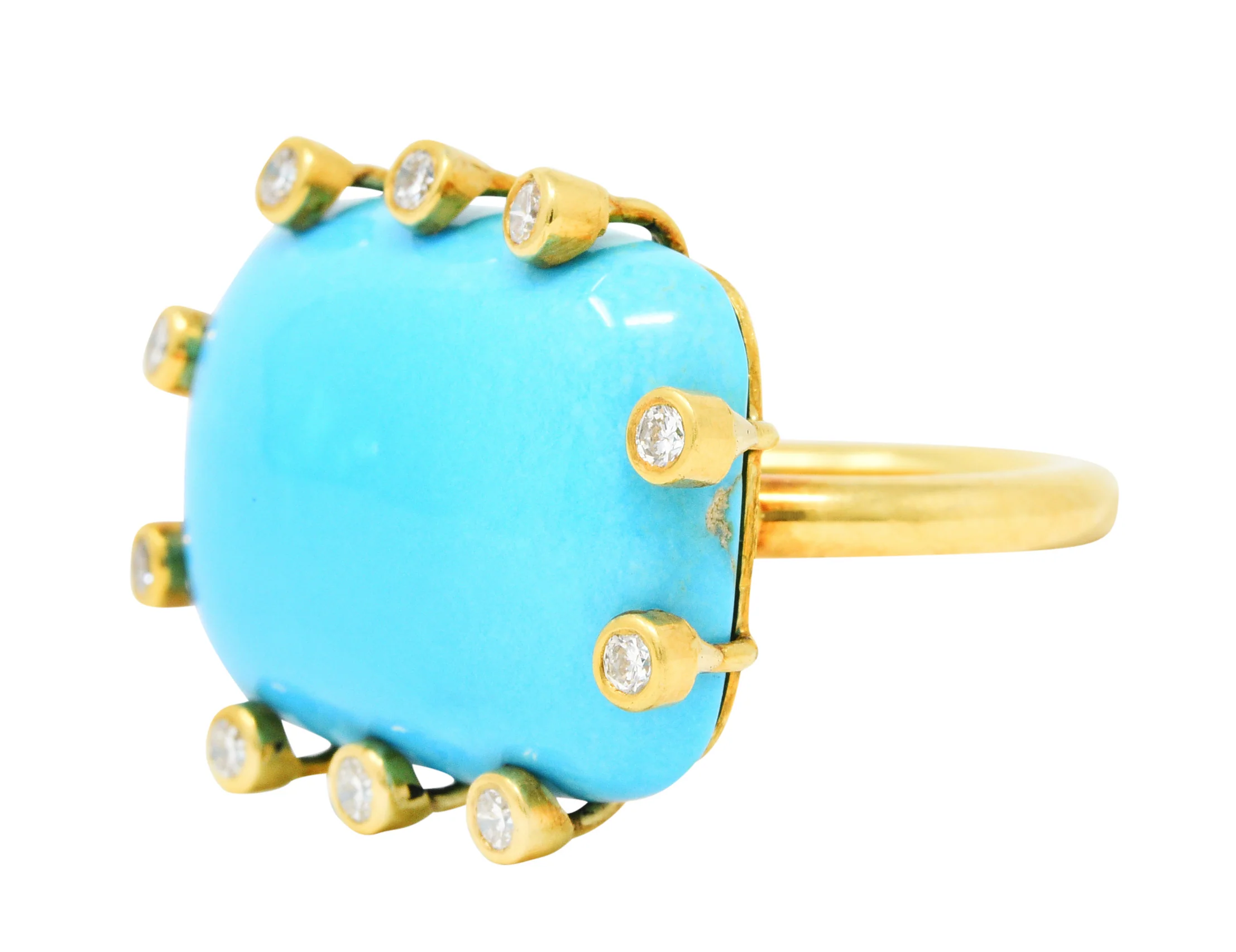 Modernist Turquoise Cabochon 0.30 CTW Diamond 18 Karat Gold Ring - Image 7