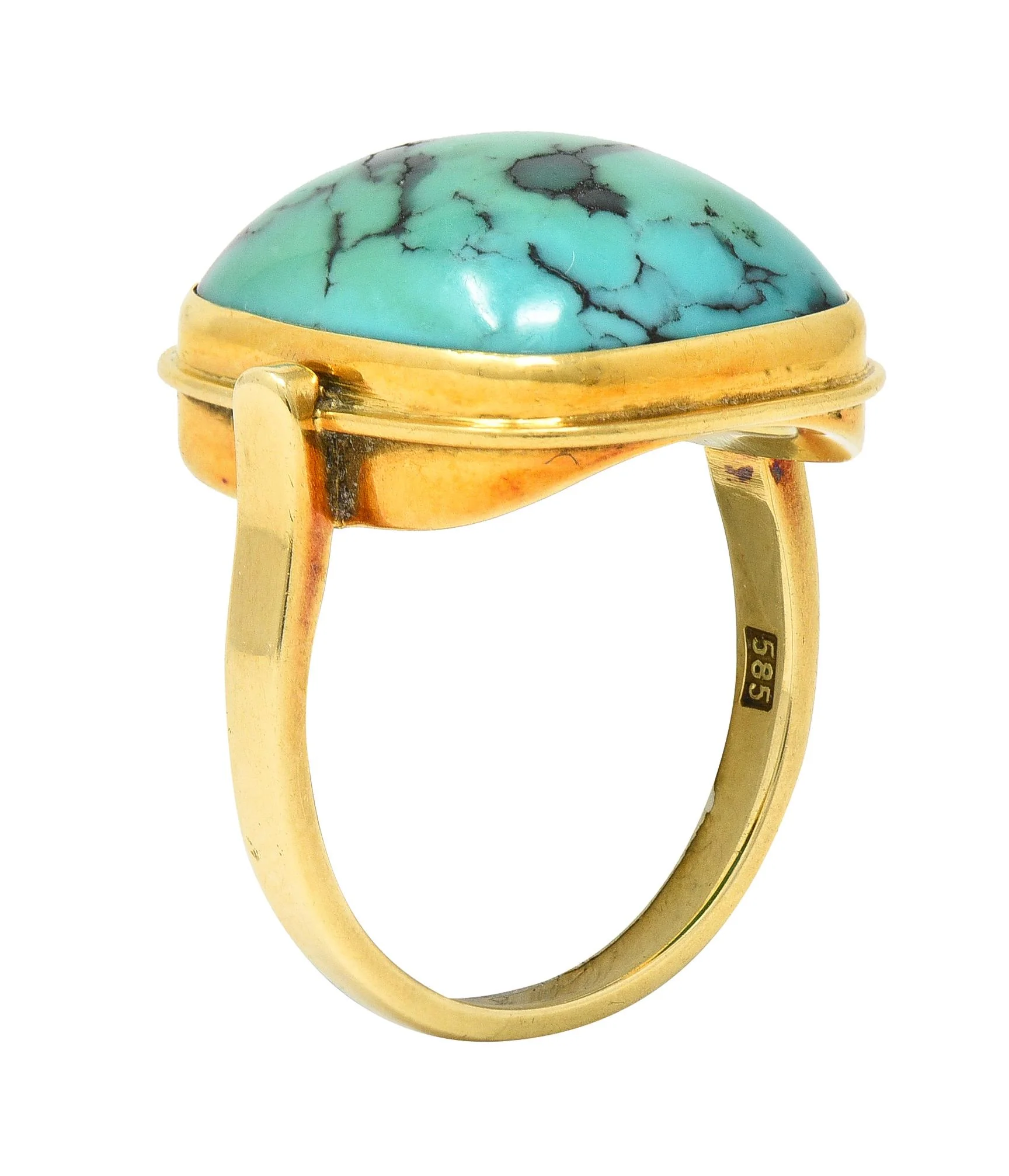 Modernist Turquoise Cabochon 14 Karat Yellow Gold Vintage Signet Ring - Image 10