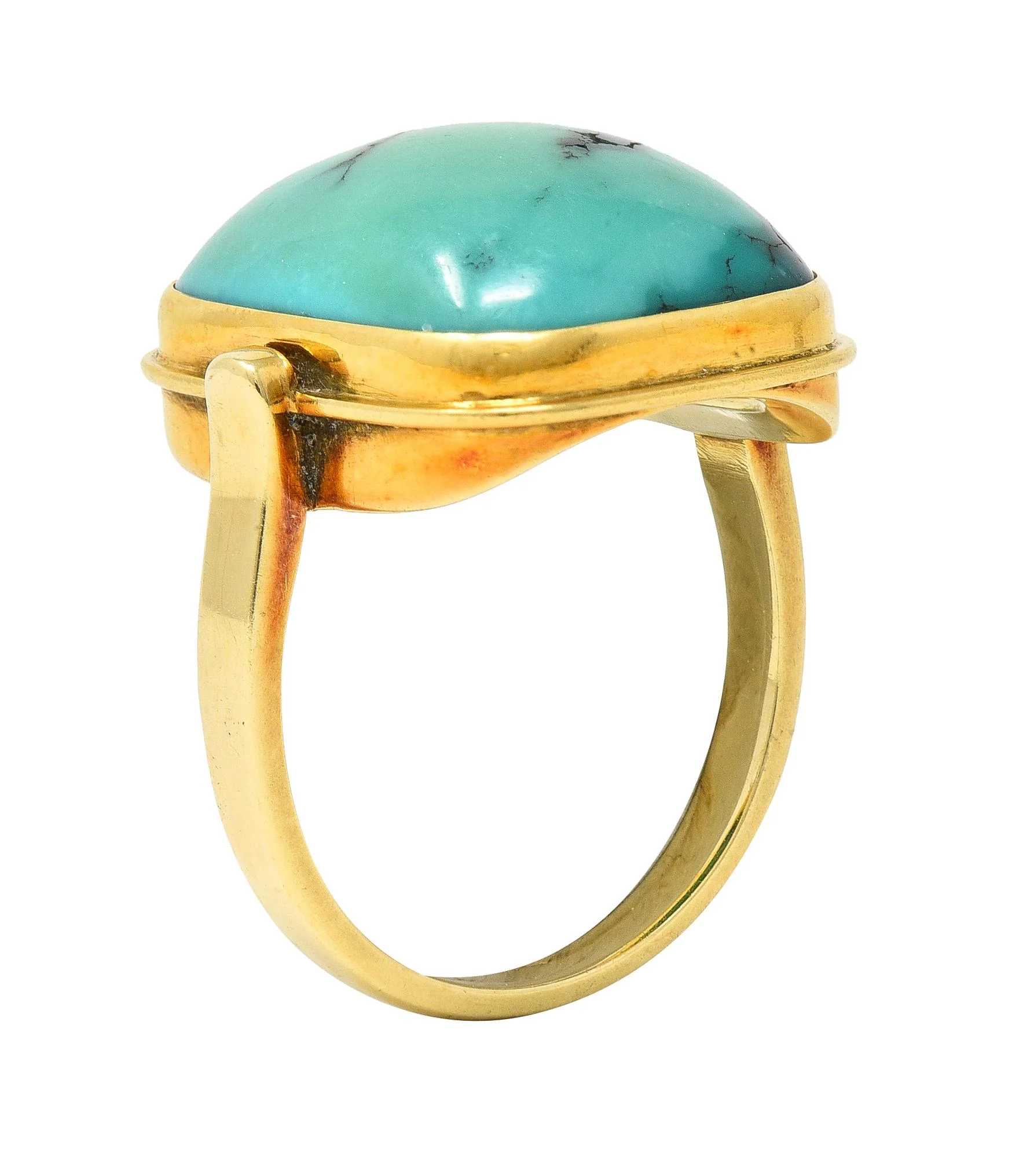 Modernist Turquoise Cabochon 14 Karat Yellow Gold Vintage Signet Ring - Image 11