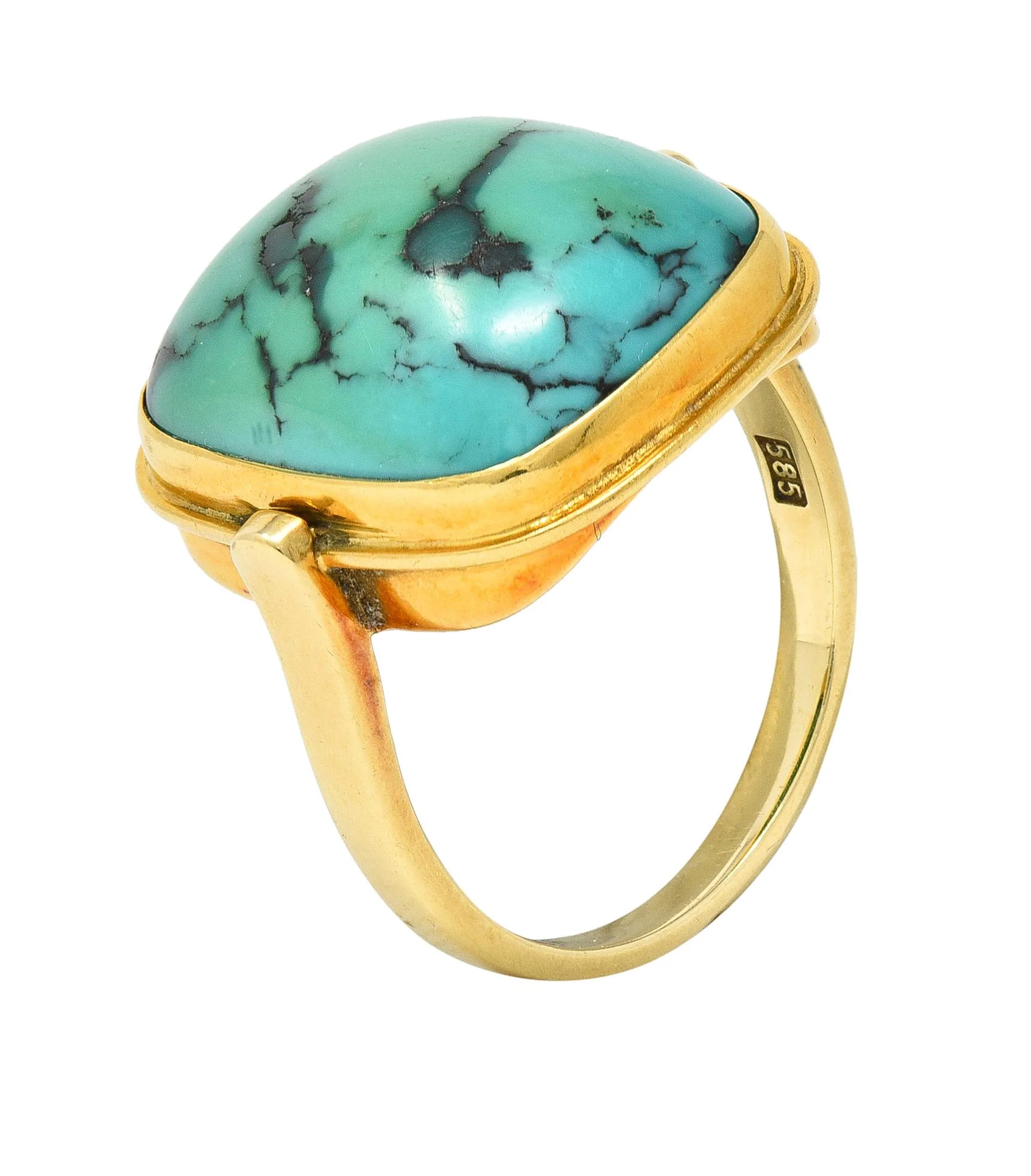 Modernist Turquoise Cabochon 14 Karat Yellow Gold Vintage Signet Ring - Image 12