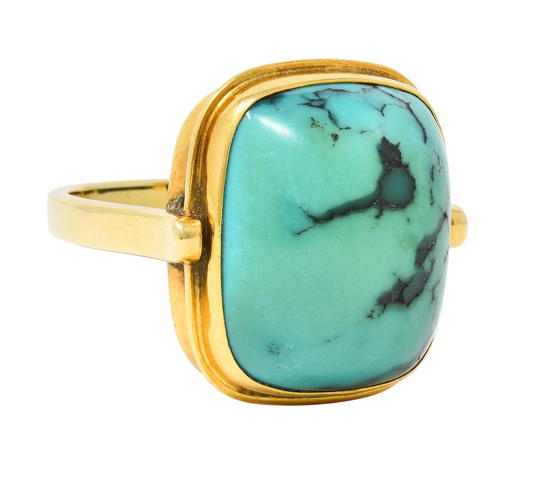 Modernist Turquoise Cabochon 14 Karat Yellow Gold Vintage Signet Ring - Image 2