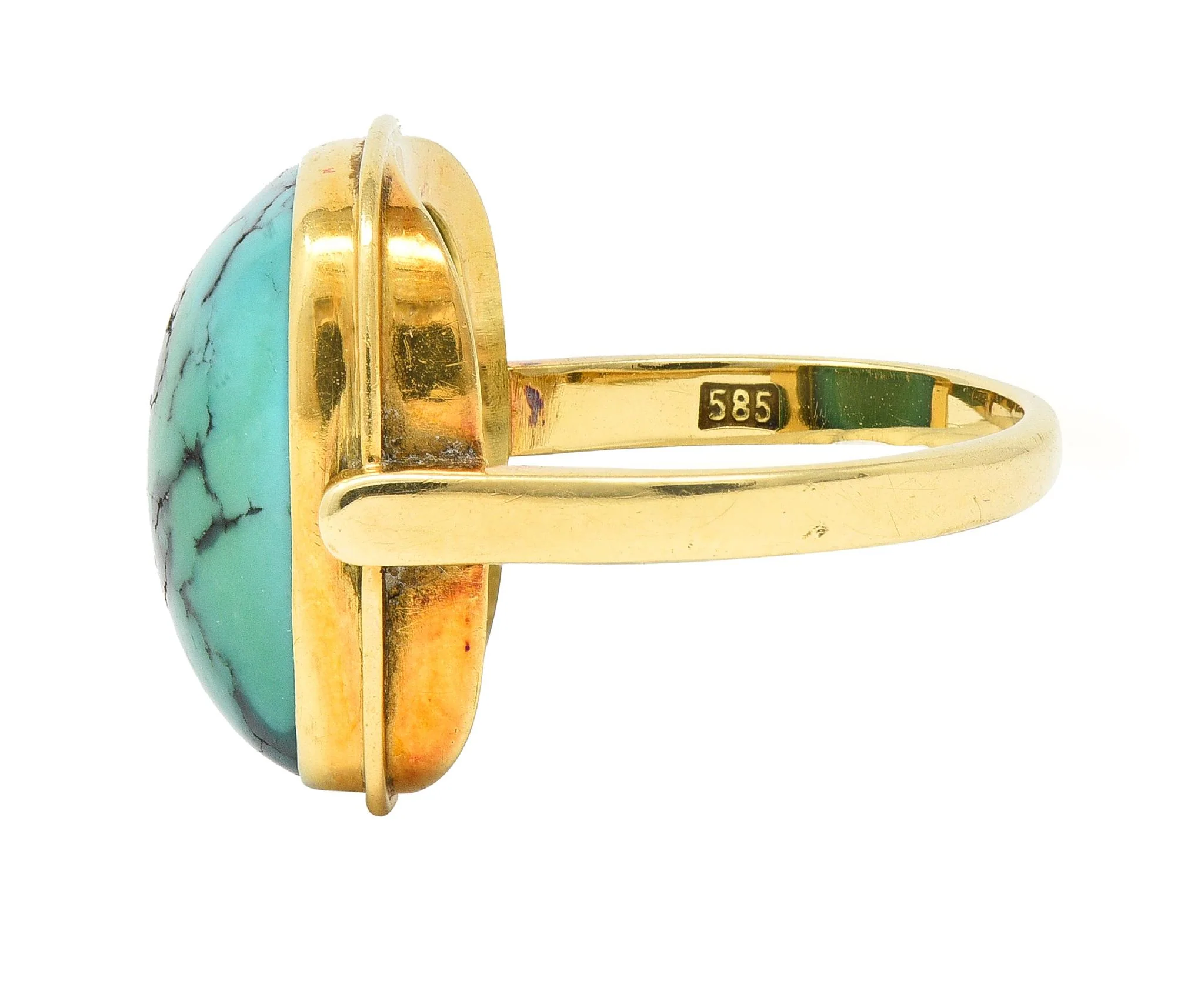 Modernist Turquoise Cabochon 14 Karat Yellow Gold Vintage Signet Ring - Image 5
