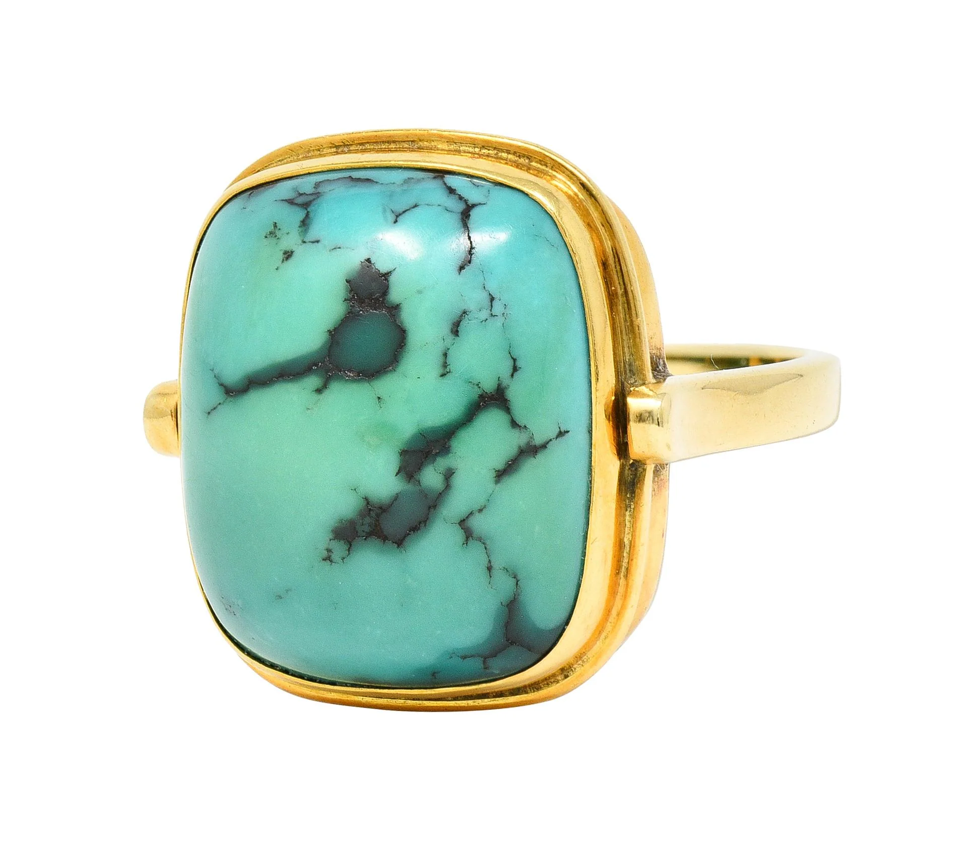 Modernist Turquoise Cabochon 14 Karat Yellow Gold Vintage Signet Ring - Image 6