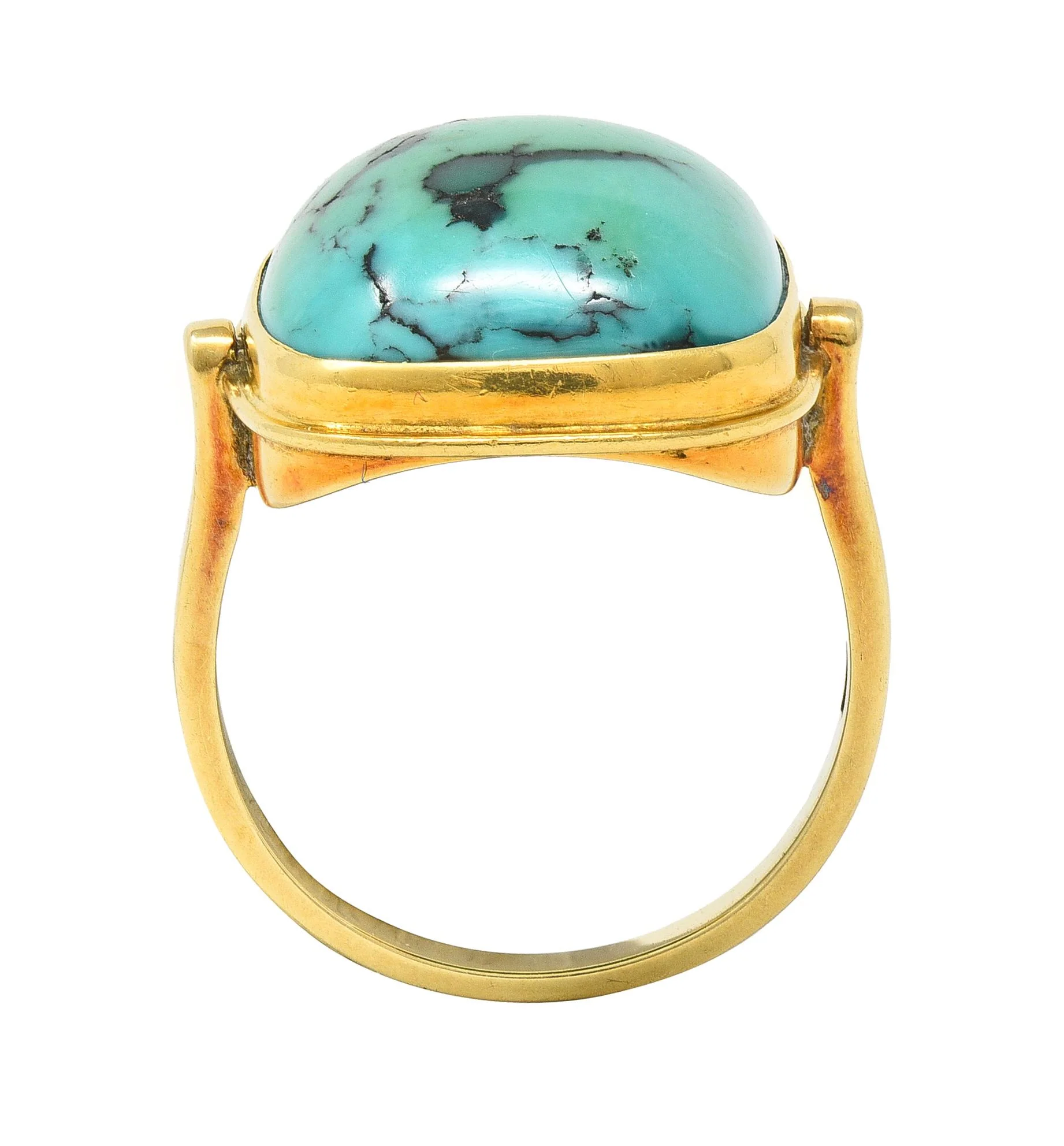 Modernist Turquoise Cabochon 14 Karat Yellow Gold Vintage Signet Ring - Image 8