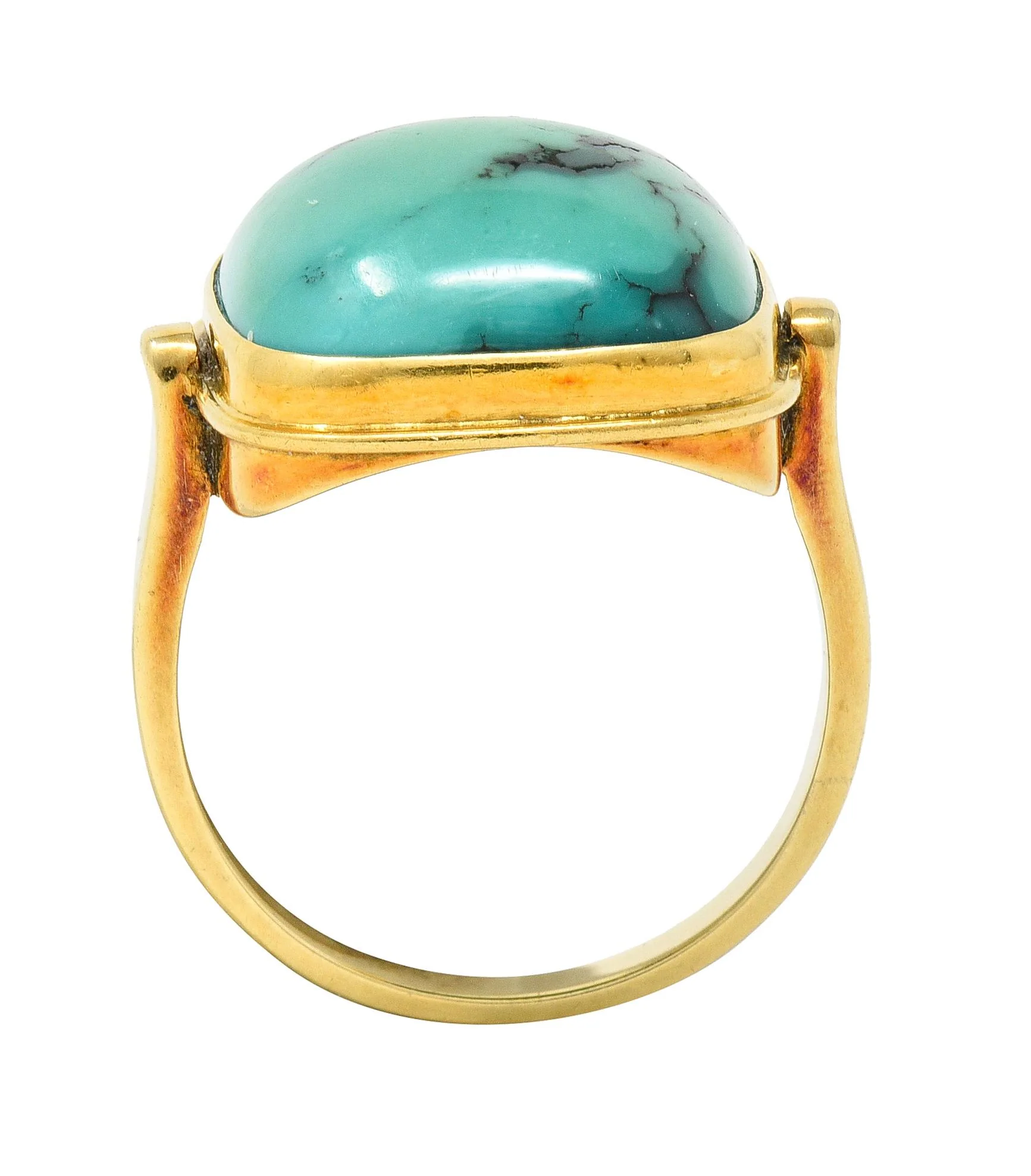 Modernist Turquoise Cabochon 14 Karat Yellow Gold Vintage Signet Ring - Image 9