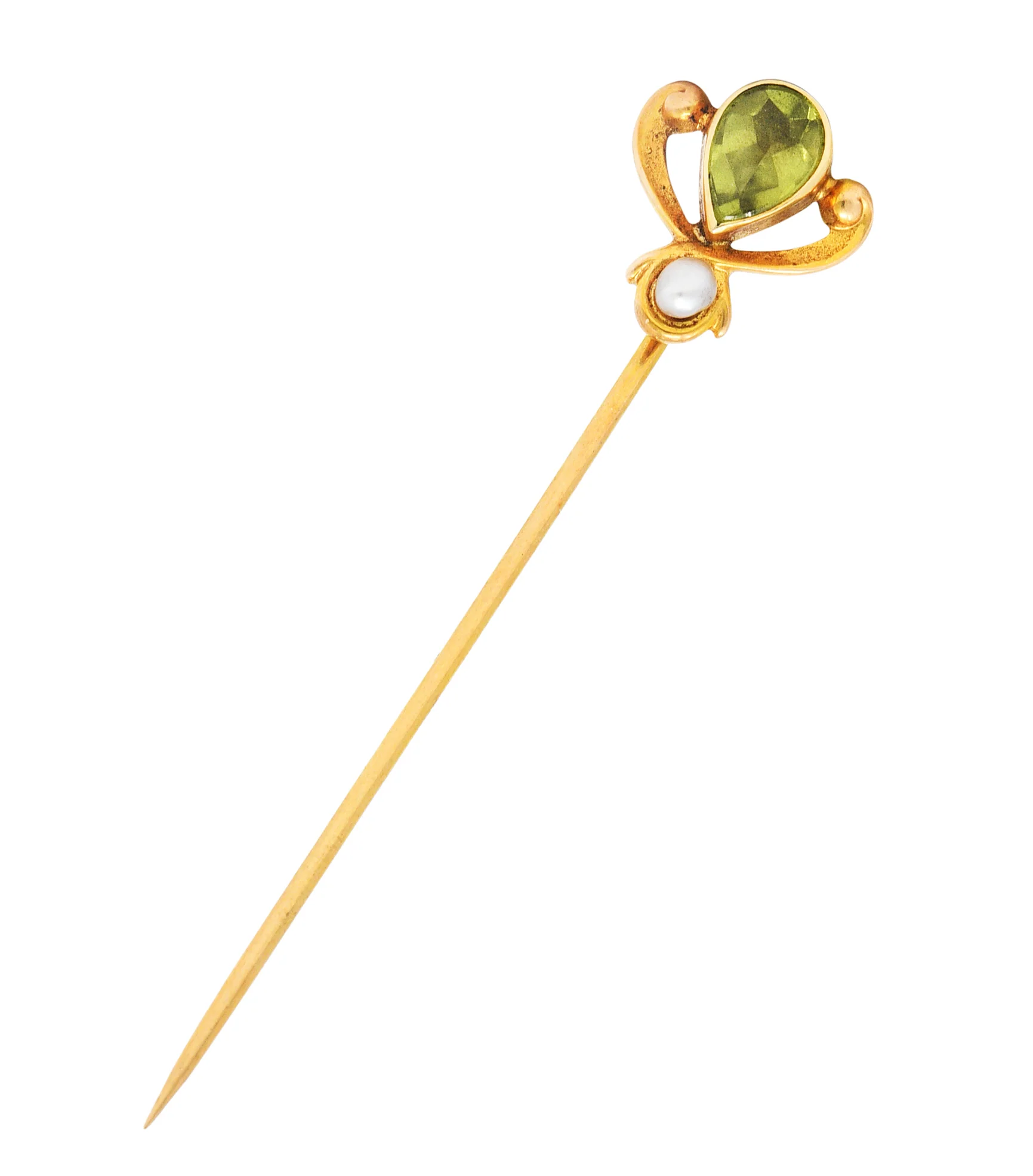Moore & Son Art Nouveau Peridot Pearl 14 Karat Yellow Gold Stickpin - Image 2