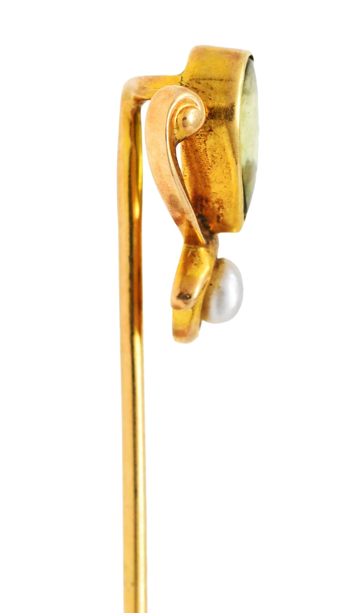 Moore & Son Art Nouveau Peridot Pearl 14 Karat Yellow Gold Stickpin - Image 5
