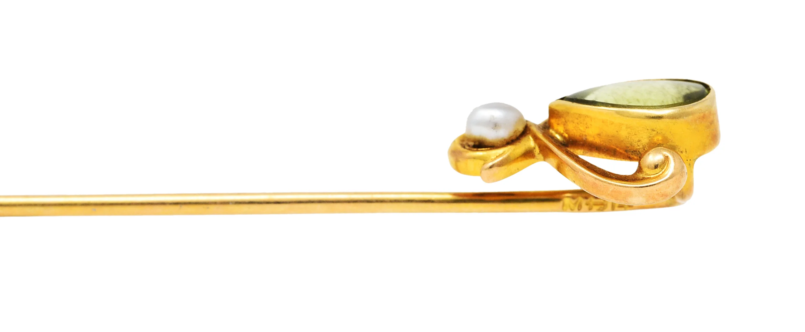 Moore & Son Art Nouveau Peridot Pearl 14 Karat Yellow Gold Stickpin - Image 7
