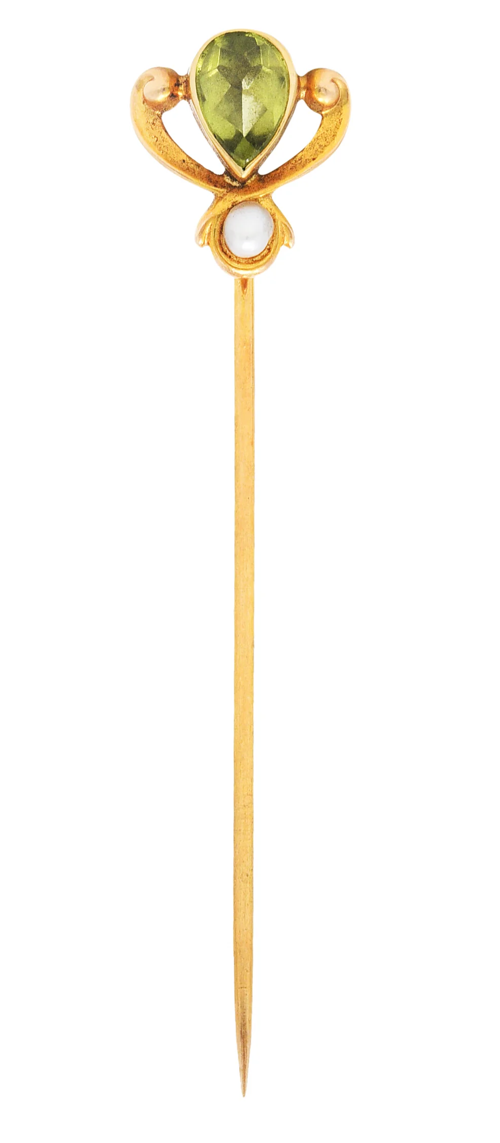 Moore & Son Art Nouveau Peridot Pearl 14 Karat Yellow Gold Stickpin - Image 9
