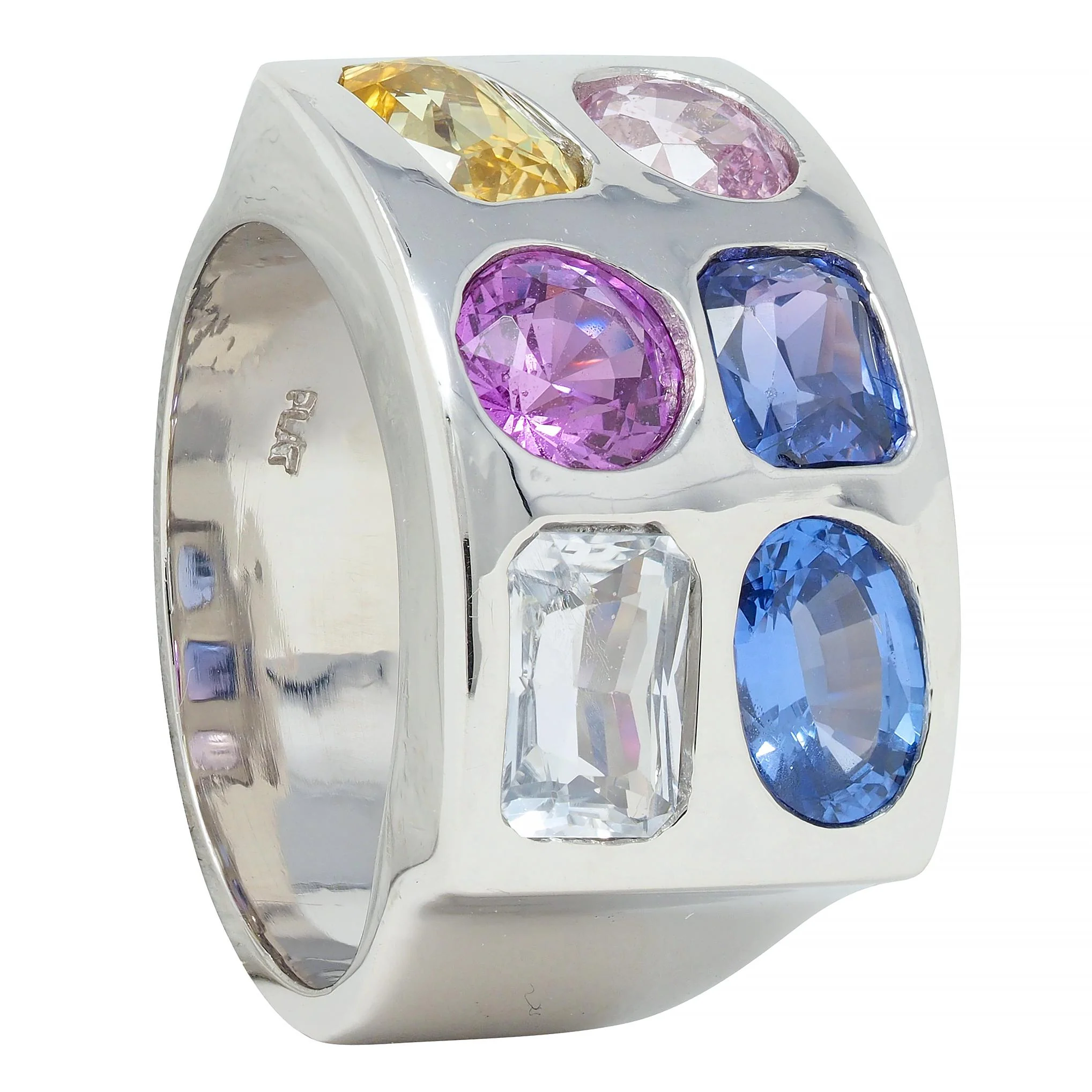 Multi-Colored Blue Pink Yellow Sapphire Platinum Flush Set Statement Ring - Image 10