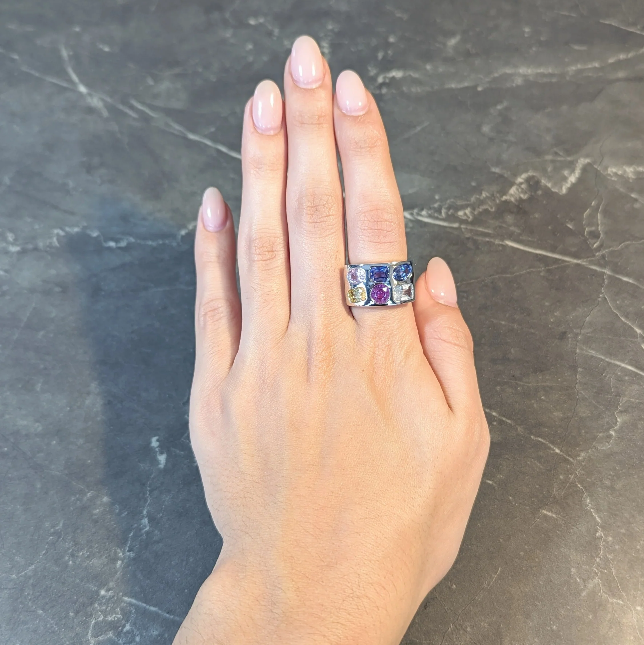Multi-Colored Blue Pink Yellow Sapphire Platinum Flush Set Statement Ring - Image 11