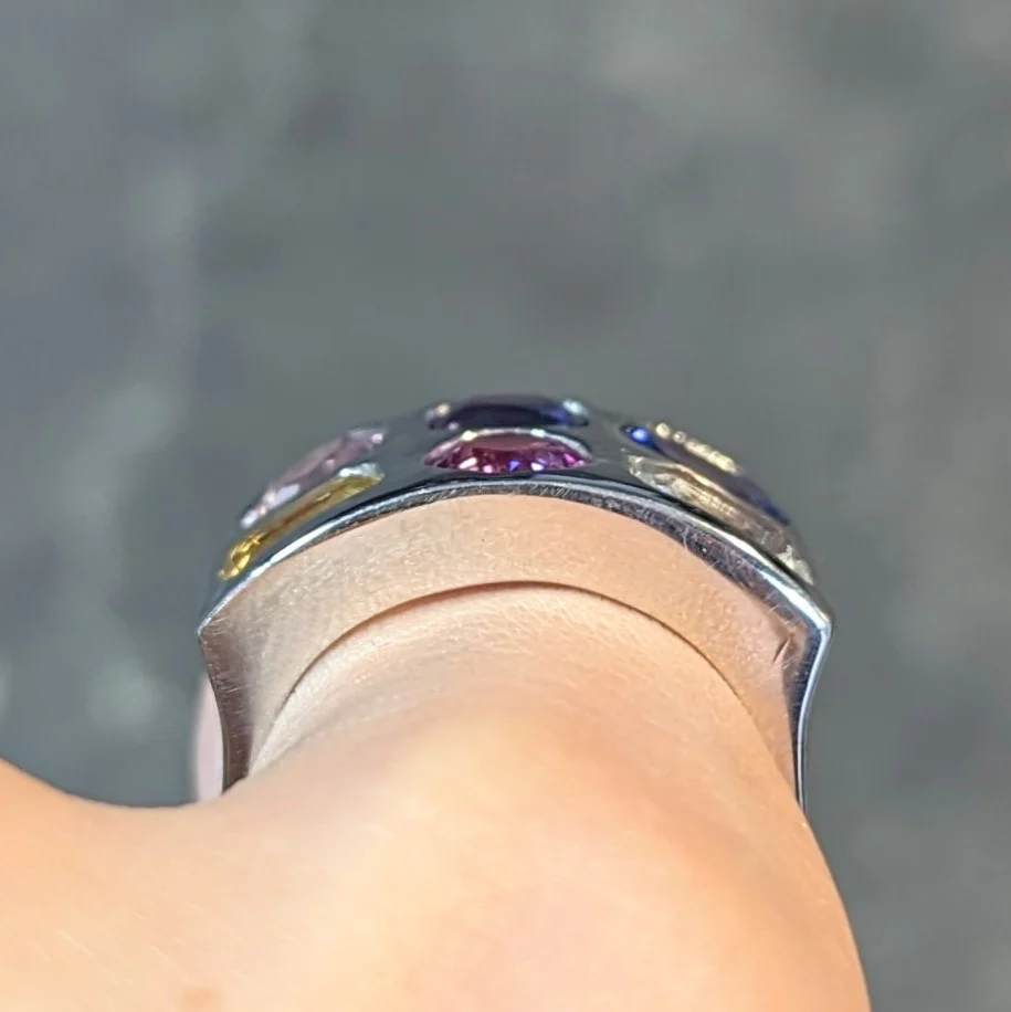 Multi-Colored Blue Pink Yellow Sapphire Platinum Flush Set Statement Ring - Image 13