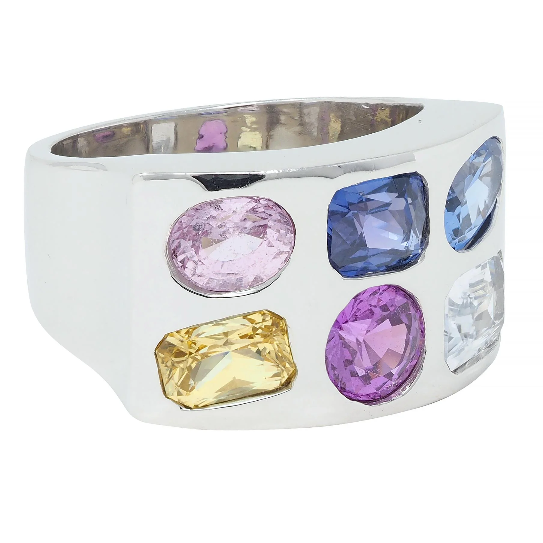 Multi-Colored Blue Pink Yellow Sapphire Platinum Flush Set Statement Ring - Image 2