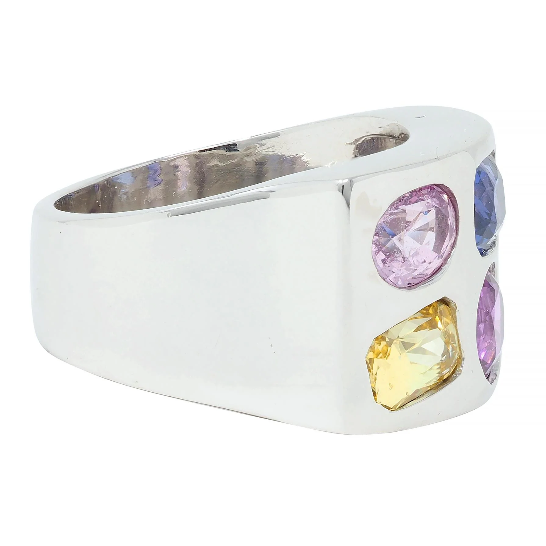 Multi-Colored Blue Pink Yellow Sapphire Platinum Flush Set Statement Ring - Image 3