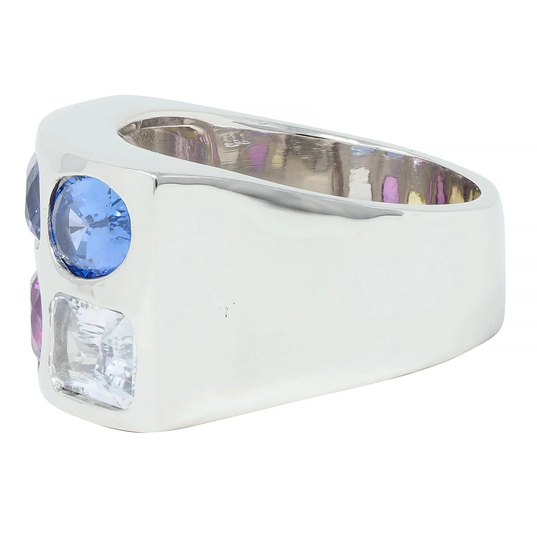 Multi-Colored Blue Pink Yellow Sapphire Platinum Flush Set Statement Ring - Image 5