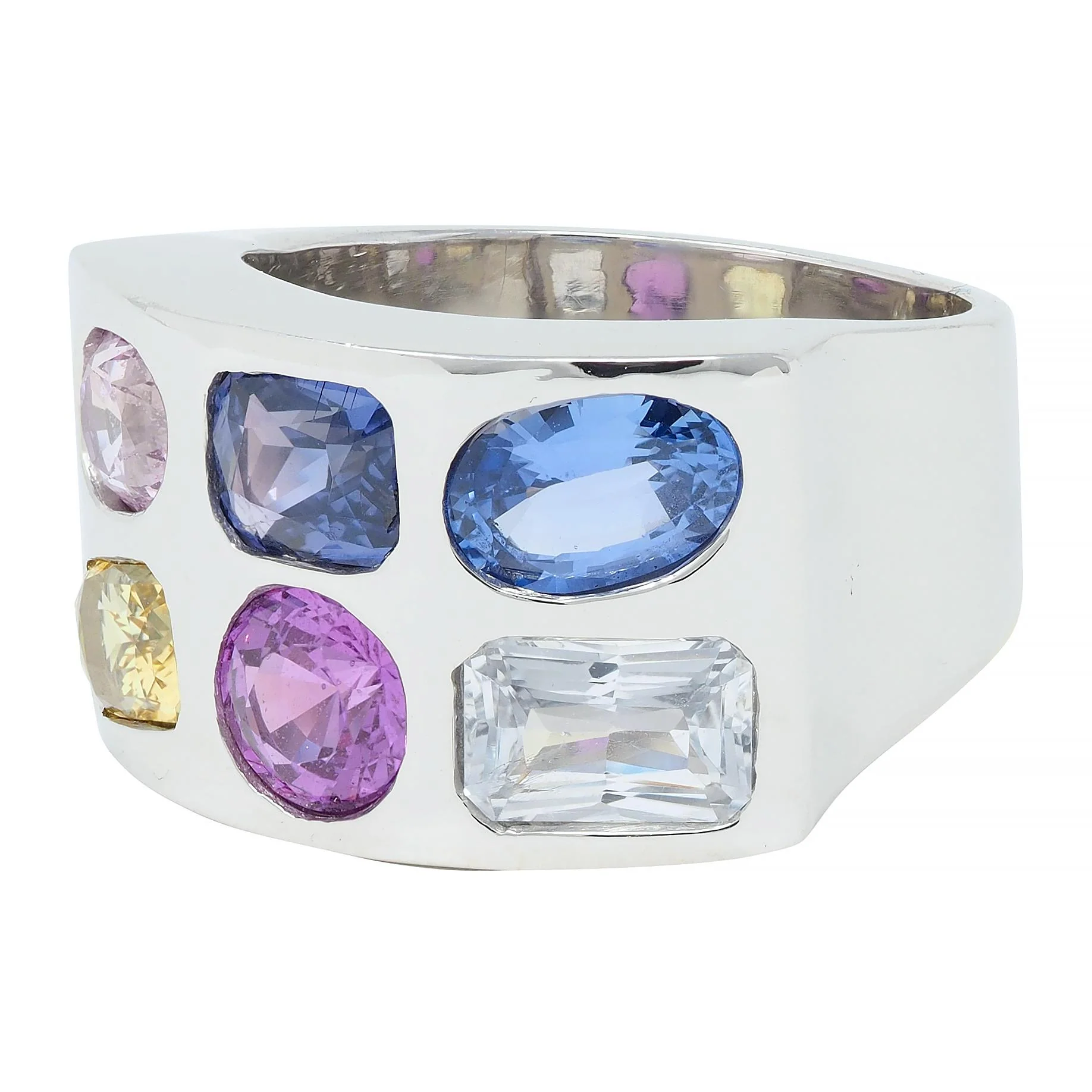 Multi-Colored Blue Pink Yellow Sapphire Platinum Flush Set Statement Ring - Image 6