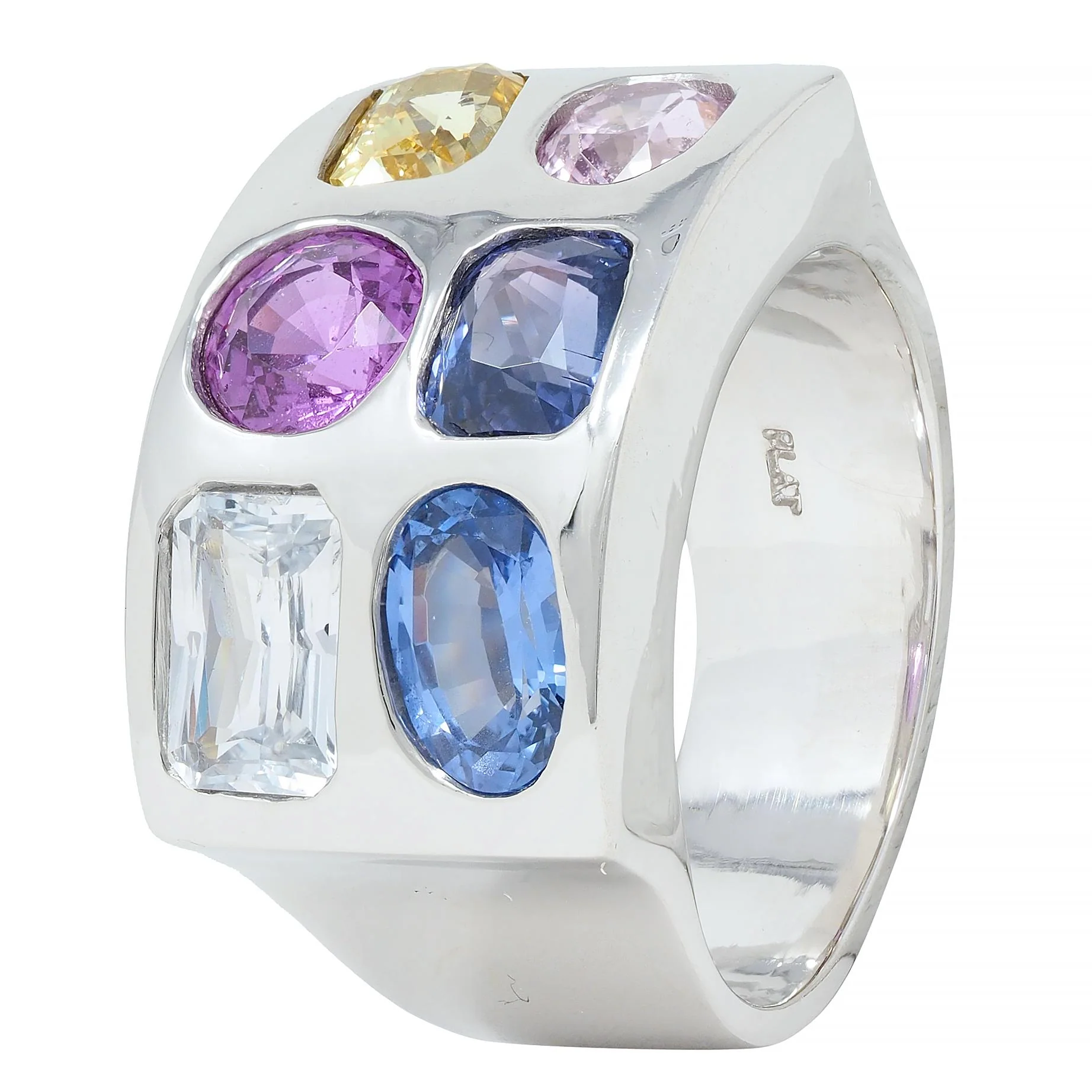 Multi-Colored Blue Pink Yellow Sapphire Platinum Flush Set Statement Ring - Image 8