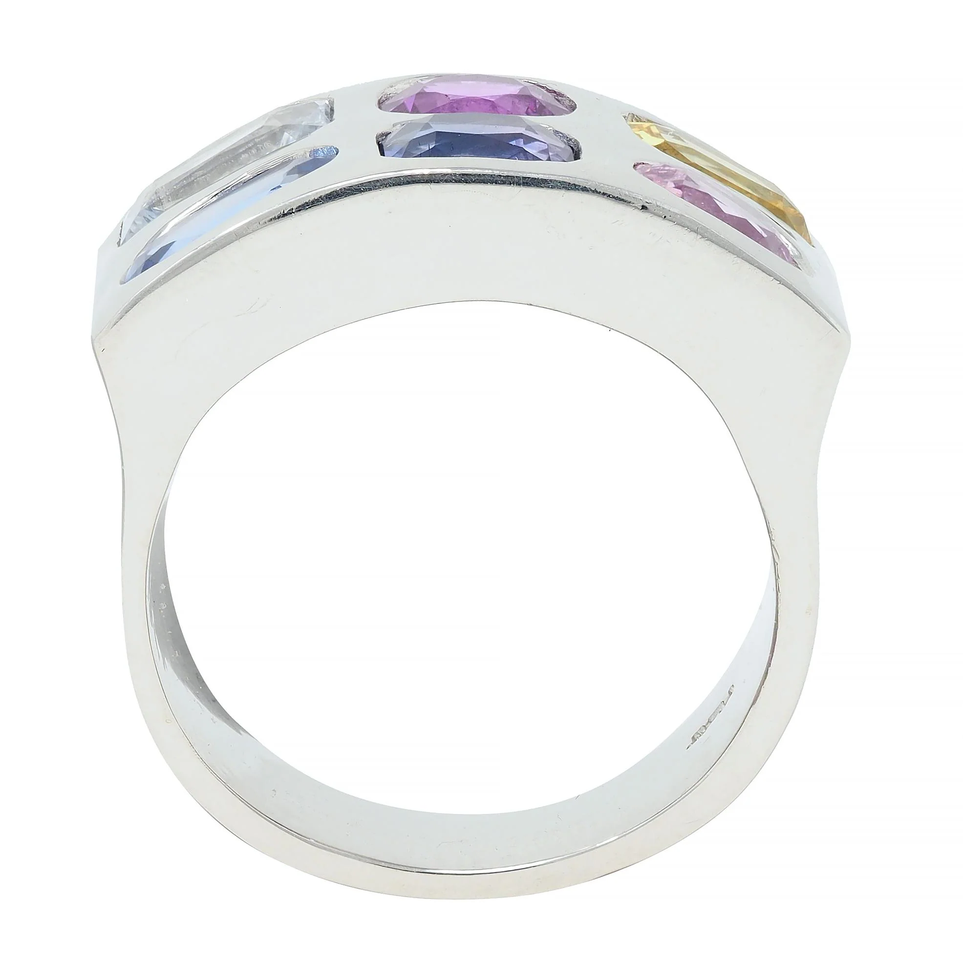 Multi-Colored Blue Pink Yellow Sapphire Platinum Flush Set Statement Ring - Image 9