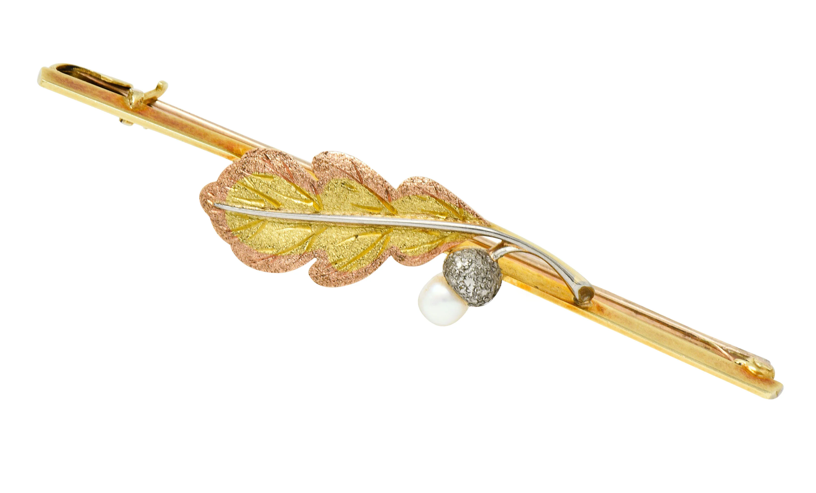 Munsey & Co. Pearl 15 Karat Tri-Colored Gold Leaf Bar Brooch