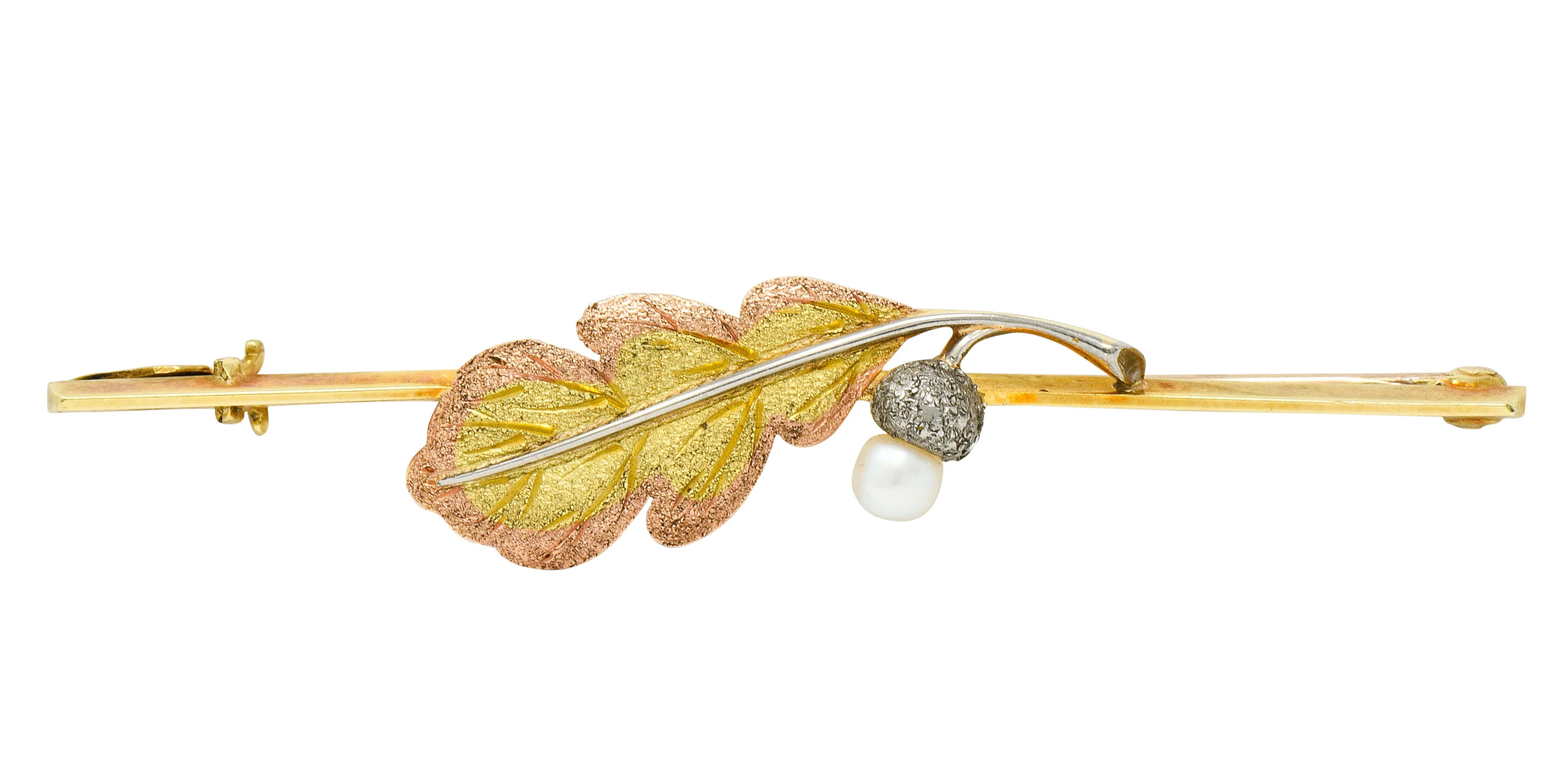 Munsey & Co. Pearl 15 Karat Tri-Colored Gold Leaf Bar Brooch - Image 2