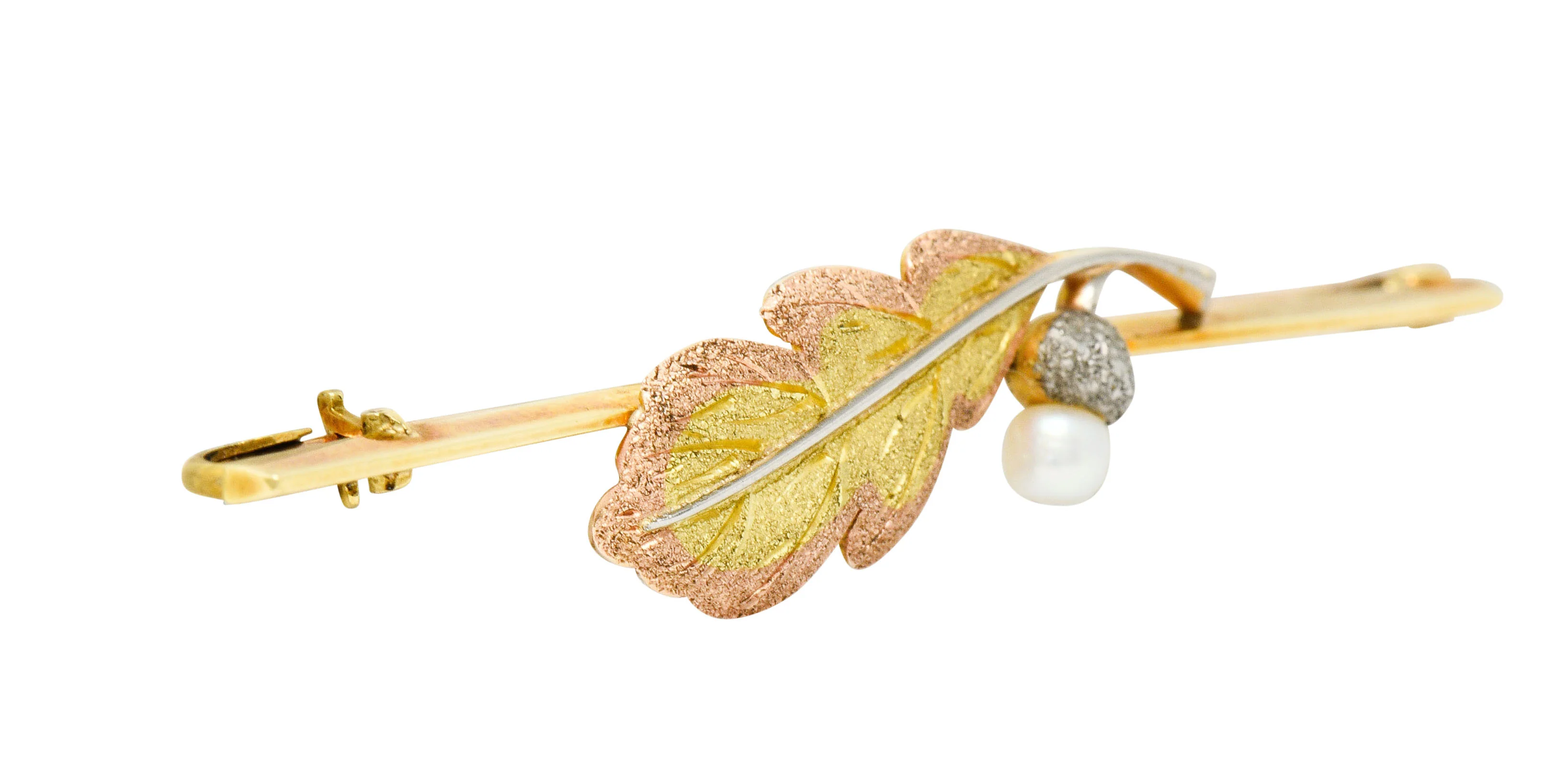 Munsey & Co. Pearl 15 Karat Tri-Colored Gold Leaf Bar Brooch - Image 3