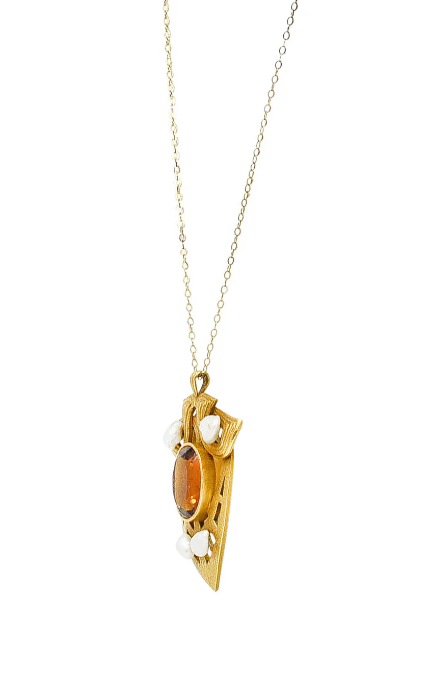 Nabstedt Art Nouveau Citrine Pearl 14 Karat Gold Pendant Necklace - Image 3
