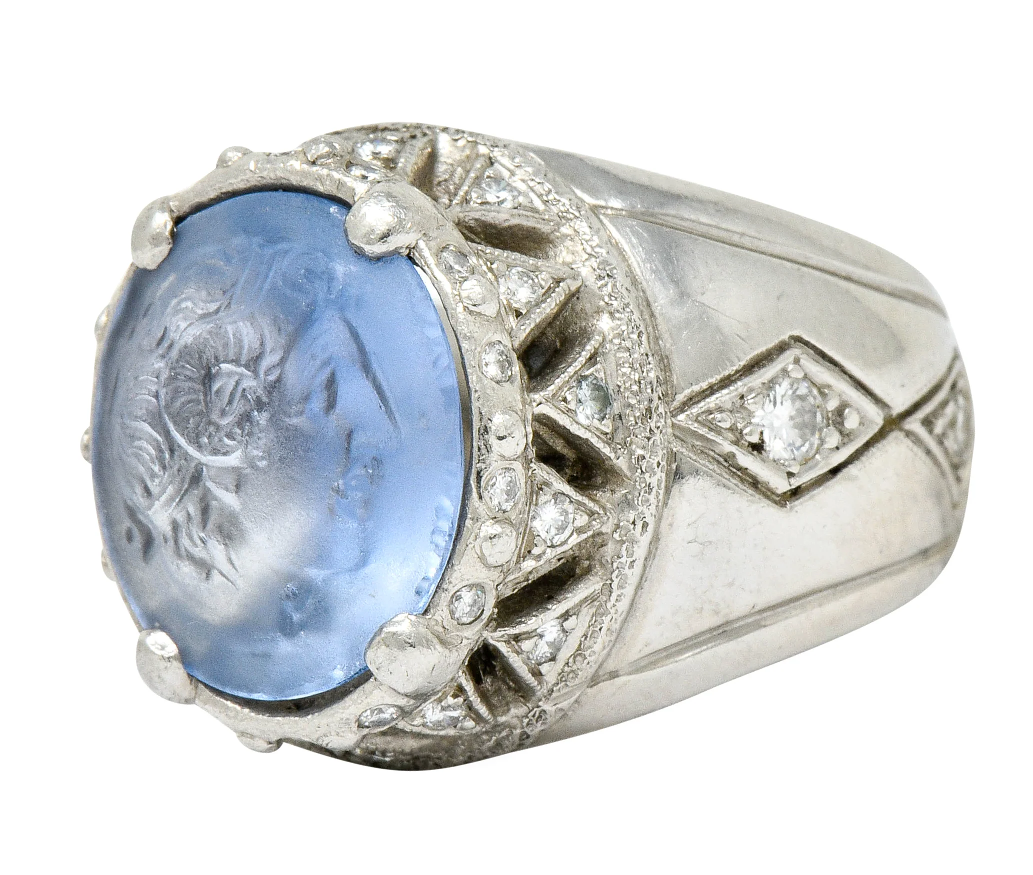 Neoclassical Sapphire Platinum Zeus Ammon Cameo Men's Antique Ring - Image 6