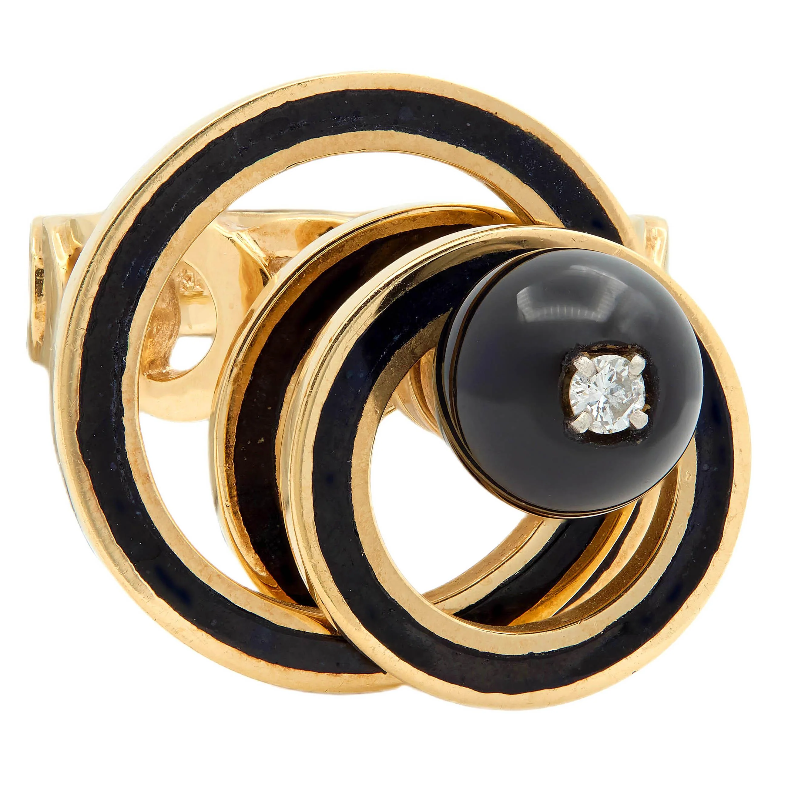 Norman Teufel 1972 Onyx Diamond 14 Karat Yellow Gold Arch Vintage Kinetic Fidget Spinning Ring - Image 6
