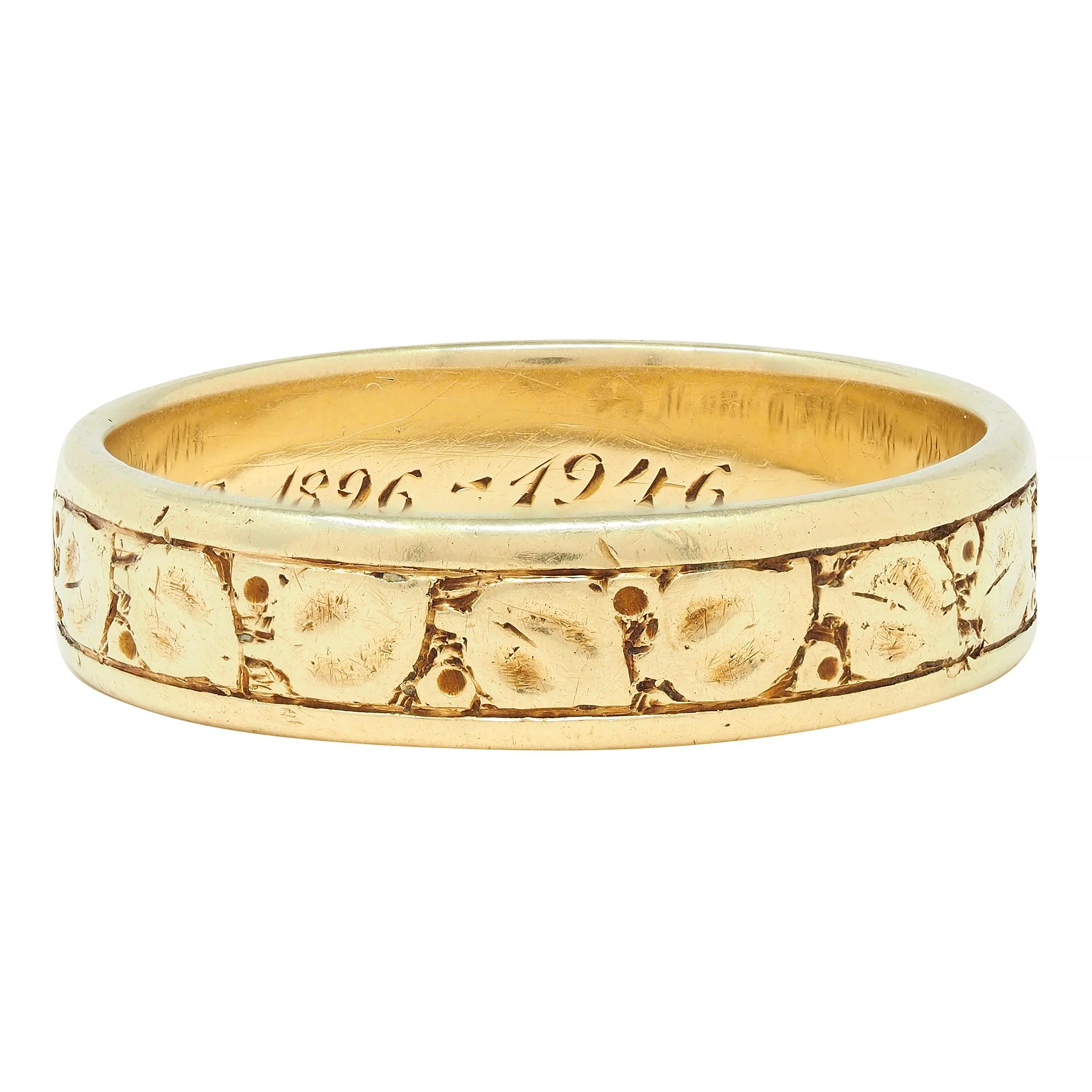 Oakes 1946 14 Karat Yellow Gold Foliate Antique Men's Wedding Band Ring - Image 3