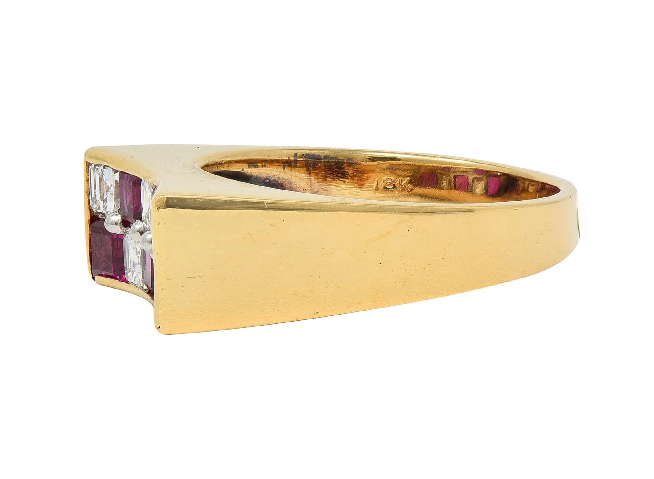 Oscar Heyman Diamond Ruby Platinum 18 Karat Gold Curved Checkerboard Vintage Band Ring - Image 3