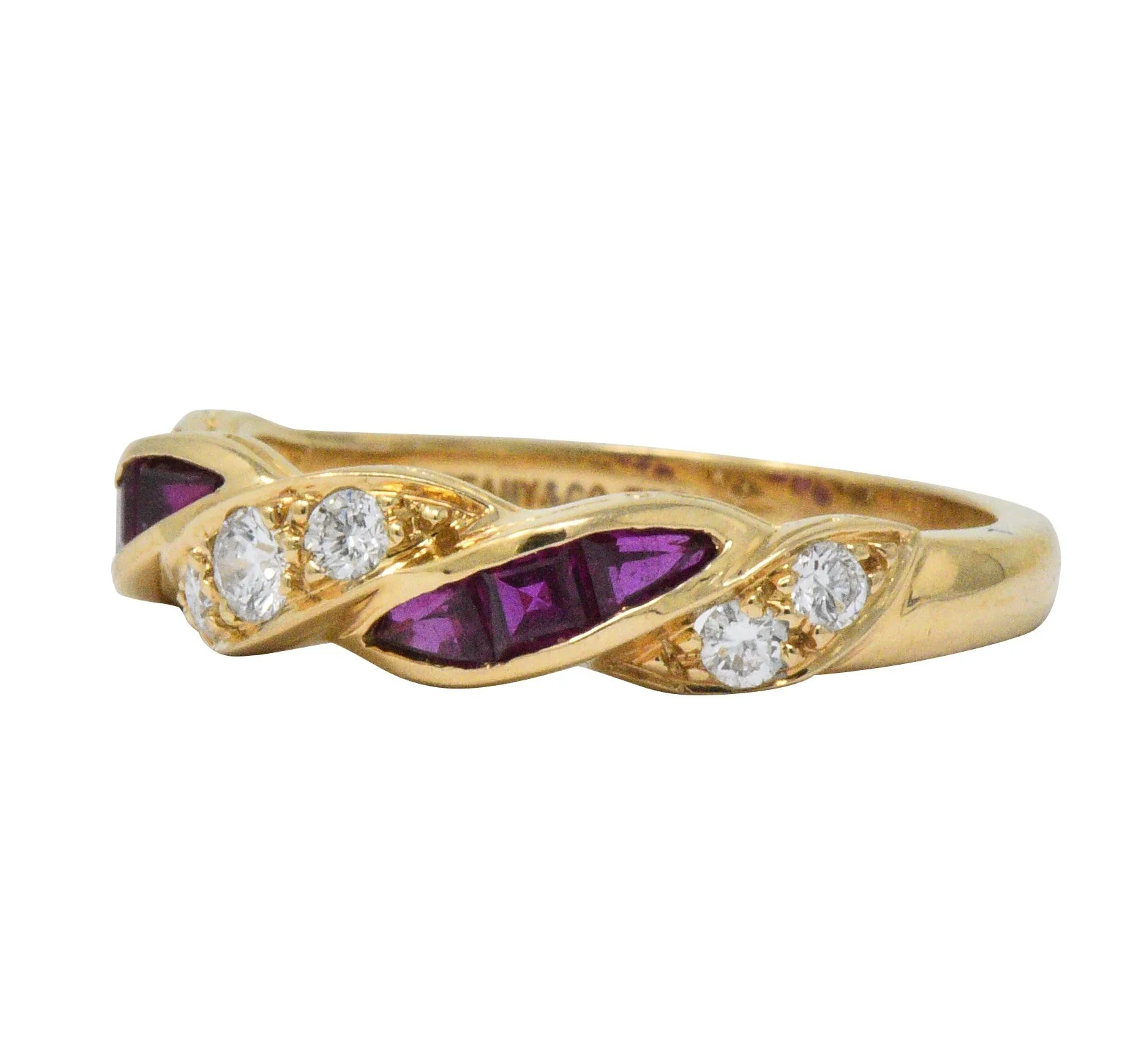 Oscar Heyman For Tiffany & Co. Retro Diamond Ruby 18 Karat Gold Band Ring - Image 2