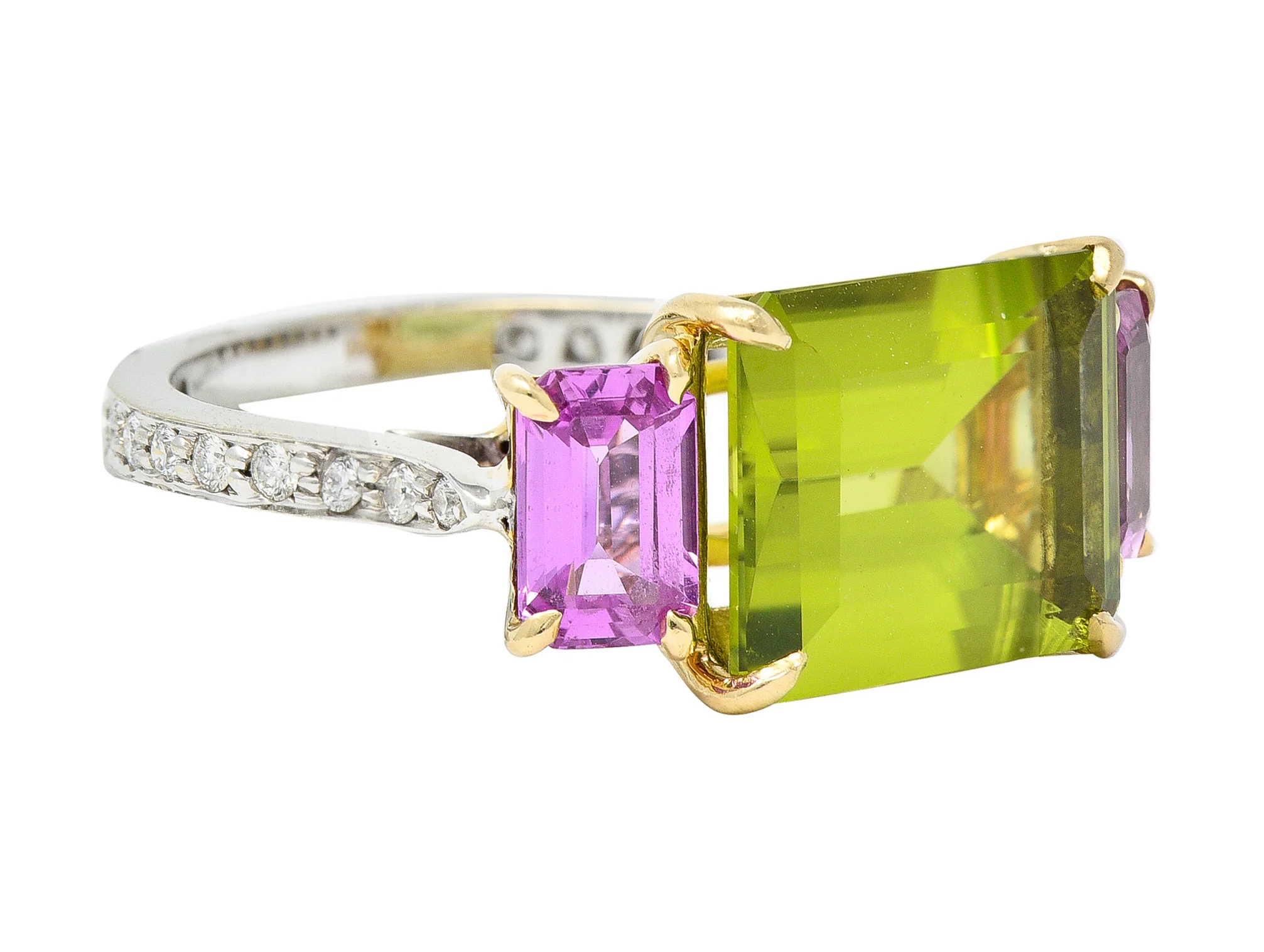 Paolo Costaglio Contemporary 10.45 CTW Diamond Peridot Pink Sapphire 18 Karat Two-Tone Gold Three Stone Florentine Ring - Image 2