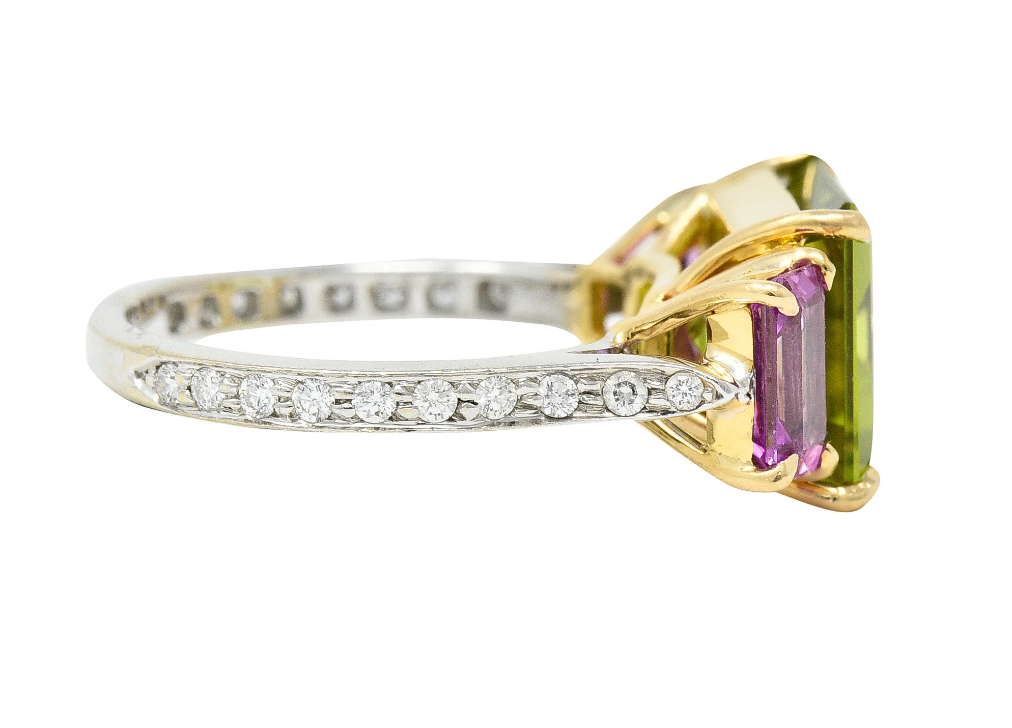 Paolo Costaglio Contemporary 10.45 CTW Diamond Peridot Pink Sapphire 18 Karat Two-Tone Gold Three Stone Florentine Ring - Image 3