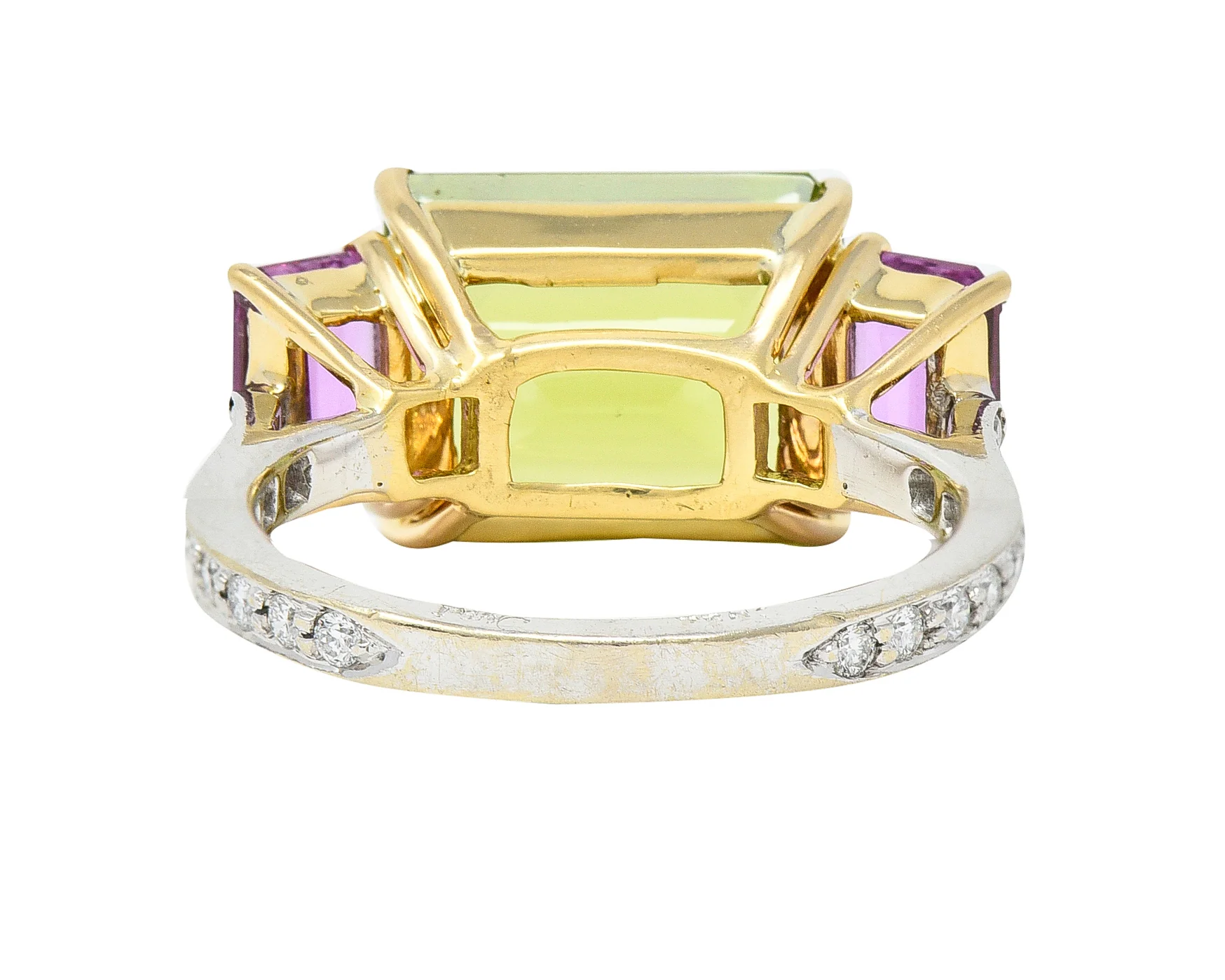 Paolo Costaglio Contemporary 10.45 CTW Diamond Peridot Pink Sapphire 18 Karat Two-Tone Gold Three Stone Florentine Ring - Image 4