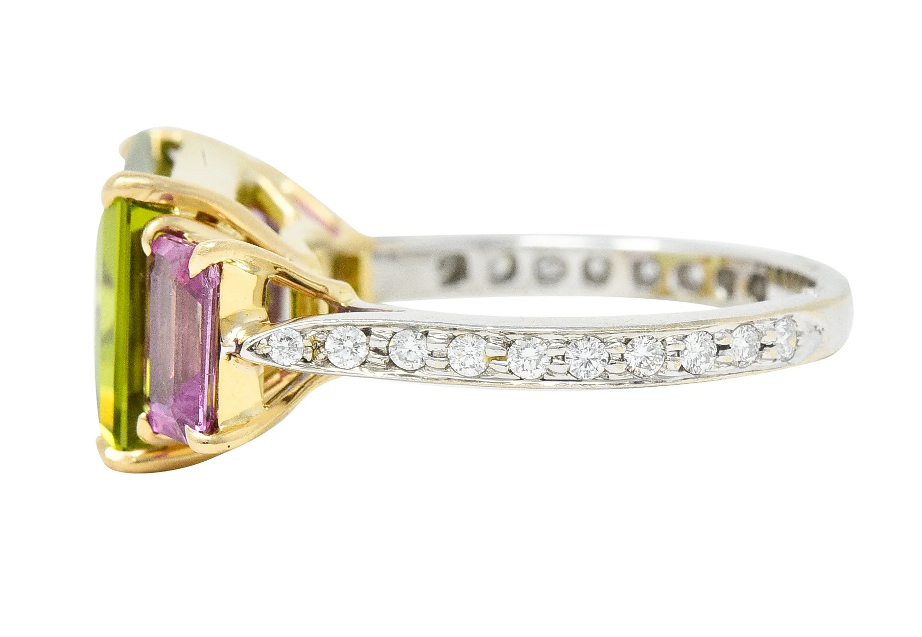 Paolo Costaglio Contemporary 10.45 CTW Diamond Peridot Pink Sapphire 18 Karat Two-Tone Gold Three Stone Florentine Ring - Image 5