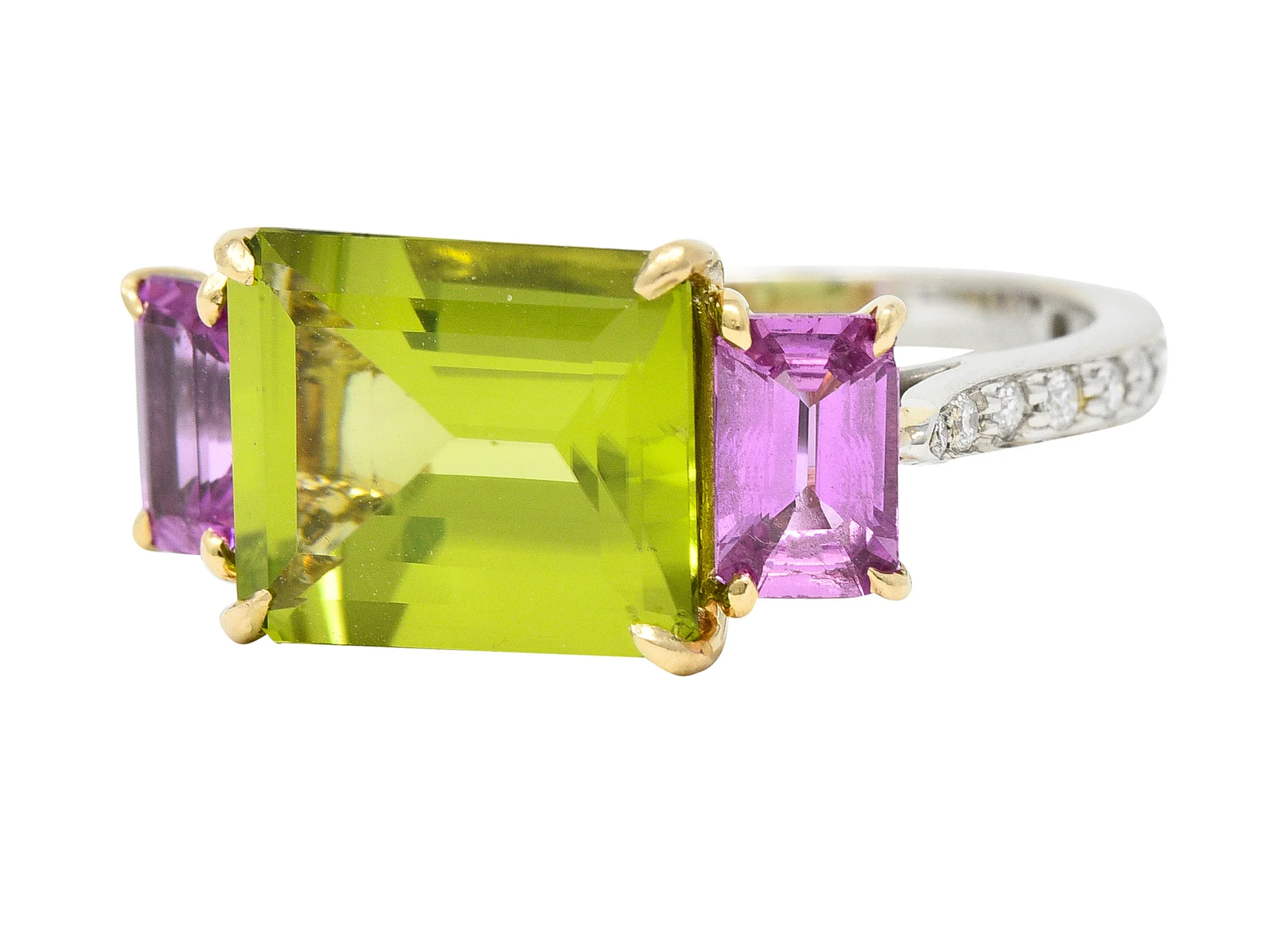 Paolo Costaglio Contemporary 10.45 CTW Diamond Peridot Pink Sapphire 18 Karat Two-Tone Gold Three Stone Florentine Ring - Image 6